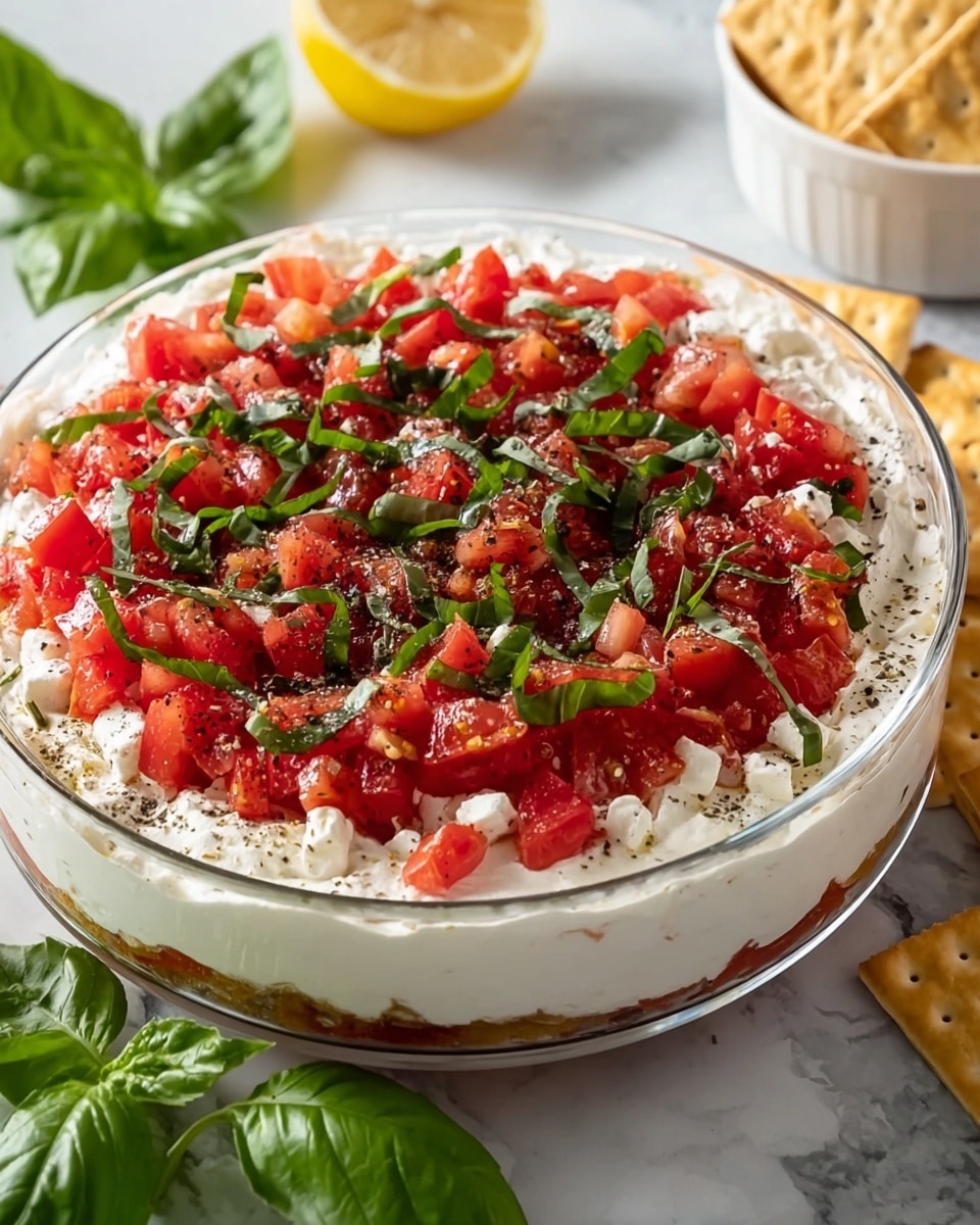 This dish is shown in a clear glass bowl filled with three visible layers. The bottom layer is thick and creamy white, smooth in texture. The middle layer consists of small white cheese chunks spread evenly. The top layer is made of bright red, diced tomatoes mixed with thin, dark green basil strips scattered on top, with a light sprinkling of black pepper over everything. The bowl sits on a white marbled surface, with fresh basil leaves and a lemon wedge subtly placed around it, and a nearby white bowl holding square crackers. Photo taken with an iphone --ar 4:5 --v 7