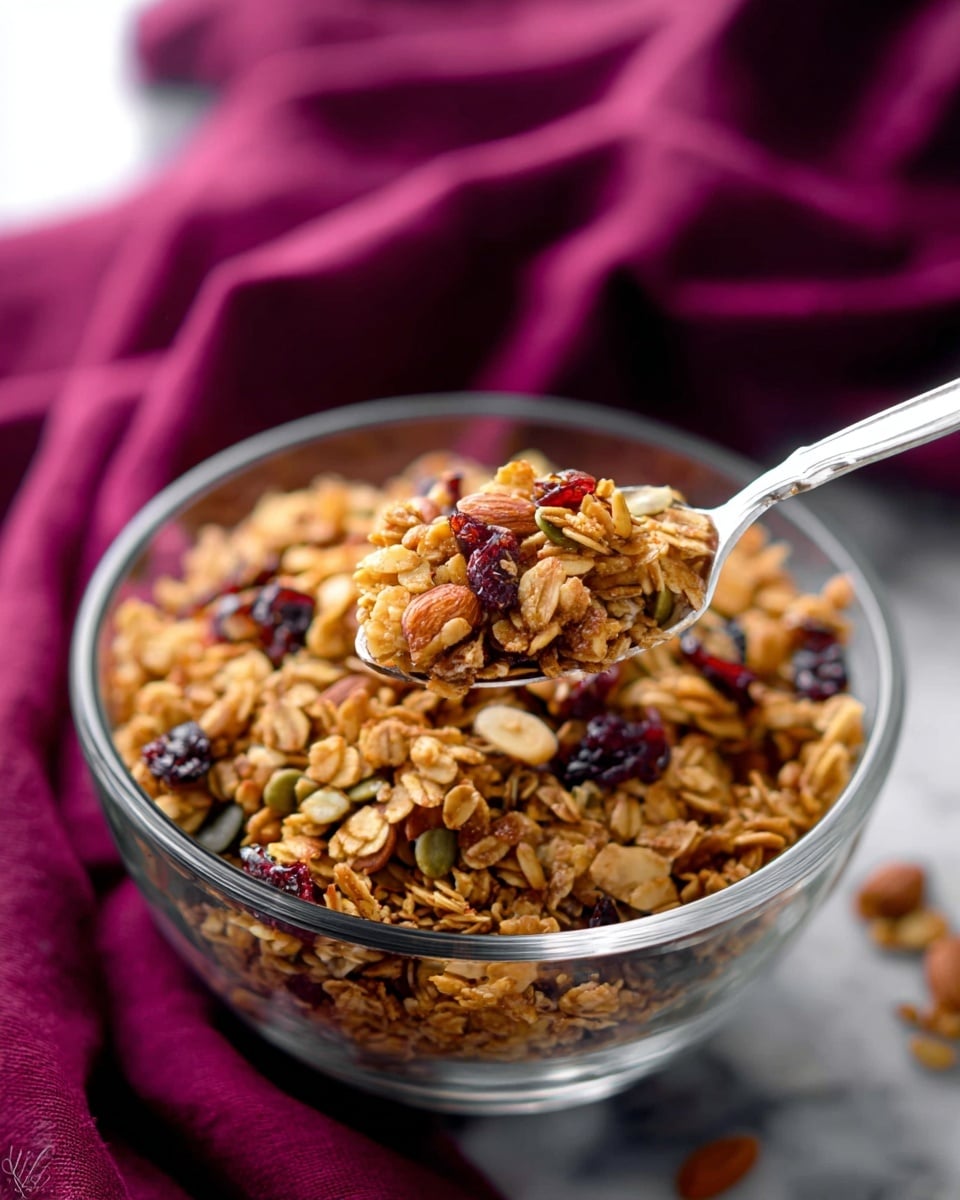 A close-up image of crunchy granola with a mix of toasted oats, whole almonds, and dark red dried cranberries scattered across a white marbled surface. A shiny silver spoon is scooping up a heap of granola in the center, showing the mixture's texture with the oats' golden-brown hue, the nuts' smooth, lighter brown skin, and the wrinkled, deep red cranberries. The granola has a dry, crispy look with some small clusters formed by the oats. photo taken with an iphone --ar 4:5 --v 7