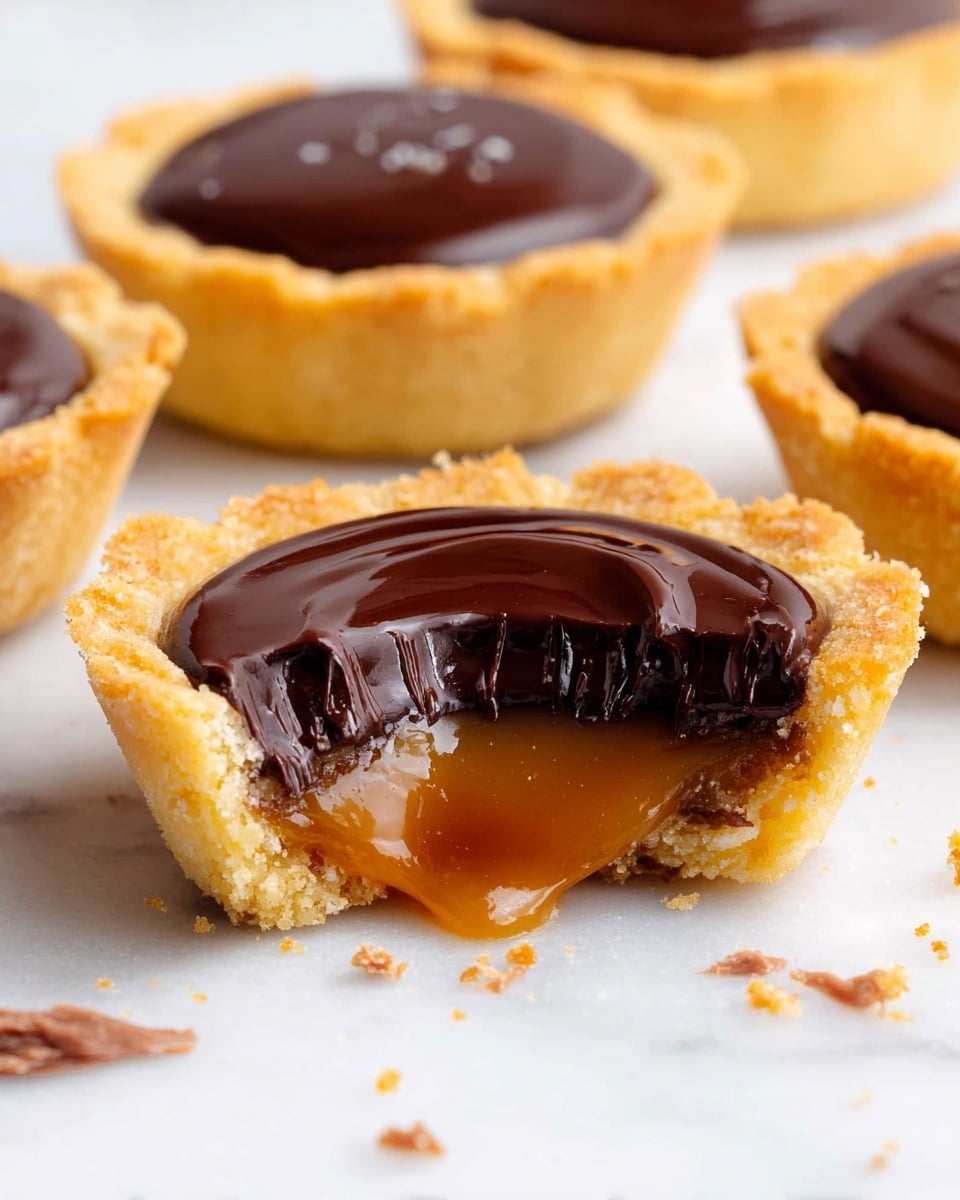 The image shows small tarts with three visible layers: a golden brown, crumbly crust forming the base and sides; a thick, glossy dark chocolate layer on top with a smooth texture; and a sticky, light amber caramel layer that is slightly oozing out from one tart where a bite has been taken, revealing the two bottom layers clearly. The tarts rest on a white marbled surface with a few small brown crumbs scattered around. Photo taken with an iphone --ar 4:5 --v 7