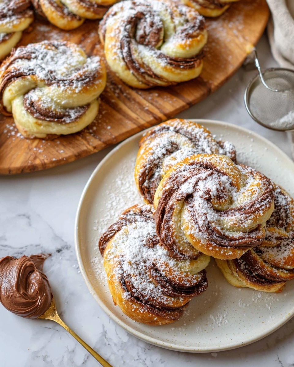 The image shows several round twisted pastries on a white plate and a wooden board. Each pastry has three visible layers: a light golden-brown dough twisted with darker chocolate cream, creating a marbled swirl pattern. The dough looks soft and flaky, and the chocolate has a creamy, smooth texture. The pastries are dusted with a fine white powdered sugar that lightly decorates the tops. Next to the plate is a spoon with chocolate spread on it and a fine mesh sieve with powdered sugar nearby. The background is a white marbled surface. photo taken with an iphone --ar 4:5 --v 7