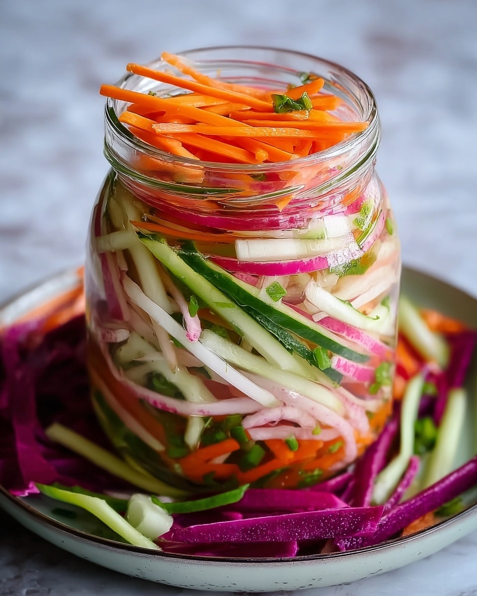 A clear glass jar filled with thinly sliced vegetables packed tightly inside; the first layer starts with bright orange carrot sticks, followed by crisp white and pink radish strips, then green cucumber slices with pale green skin, all mixed together with small green leafy bits scattered throughout. The vegetables are fresh and colorful, filling the jar to the top. The jar is placed on a white plate with purple and green vegetable pieces around the base, set on a white marbled texture surface. Photo taken with an iphone --ar 4:5 --v 7