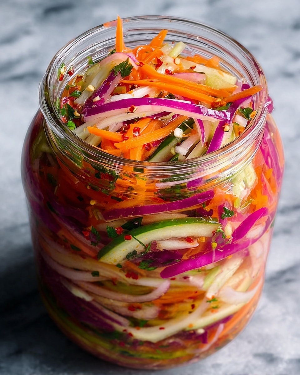 A close-up view of a clear glass jar filled with colorful pickled vegetables. The top layer shows thin strips of bright orange carrots, white and light purple onion slices, and light green, thin cucumber sticks mixed with some chopped green herbs, all soaked in a slightly shiny brine. The vegetables have a crisp texture and vibrant colors, with red chili flakes scattered throughout. The jar sits on a surface with a white marbled texture. Photo taken with an iphone --ar 4:5 --v 7