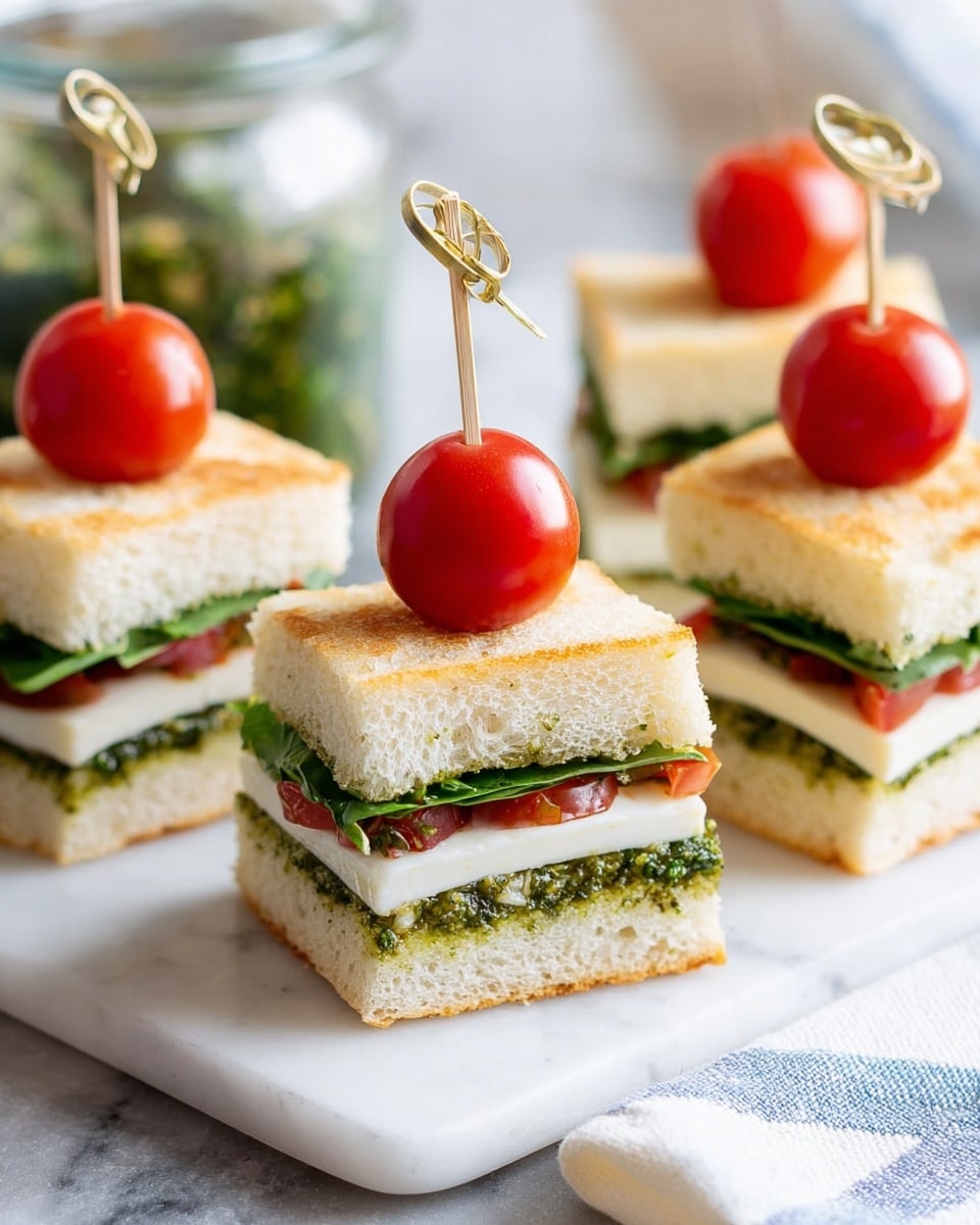 Four small sandwich pieces sit on a white marbled surface, each sandwich cut into a square with about four layers visible: a thick golden top bread layer, a layer of green pesto spread beneath it, a thick white cheese layer, a layer of fresh green leaves and red tomato slices, and a bottom bread layer matching the top. Each sandwich is topped with a bright red cherry tomato skewered with a light brown bamboo pick with a looped top. The background shows a blurred glass jar with a green herb mixture. A corner of a white cloth with blue stripes is visible in the lower right corner. photo taken with an iphone --ar 4:5 --v 7