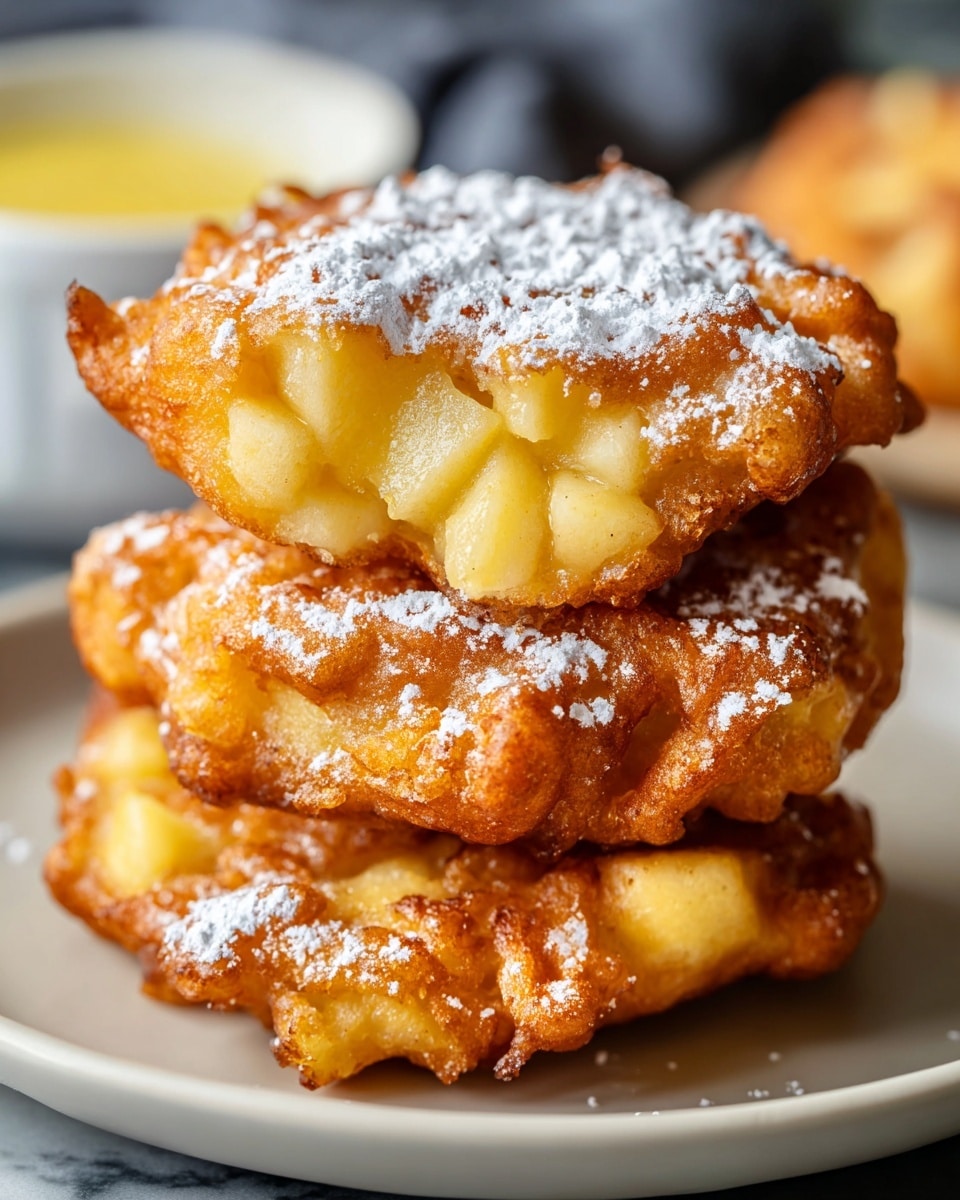 The image shows a stack of three golden brown fritters with visible chunks of pale yellow apple inside each fritter, giving a textured and chunky look. The top fritter is dusted with white powdered sugar that lightly covers the crisp, slightly rough surface and highlights the irregular crevices formed by the fried batter. The fritters sit on a white plate with a smooth edge, placed on a white marbled surface. There is a soft, blurred glimpse of a yellow sauce in a white bowl in the background. photo taken with an iphone --ar 4:5 --v 7