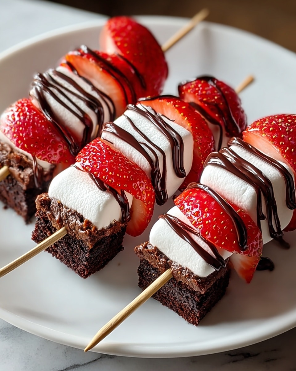 Three wooden skewers hold a colorful dessert arranged on a white plate, set on a white marbled surface. Each skewer has four layers: a dark brown, textured brownie square at the bottom, followed by a bright red, glossy sliced strawberry with visible seeds, then a soft, white marshmallow with a smooth surface, and topped by another strawberry slice. Drizzled on top is dark chocolate sauce with a shiny, smooth texture, creating thin stripes across the strawberries and marshmallows, adding a rich contrast to the vivid red and white layers. Photo taken with an iphone --ar 4:5 --v 7