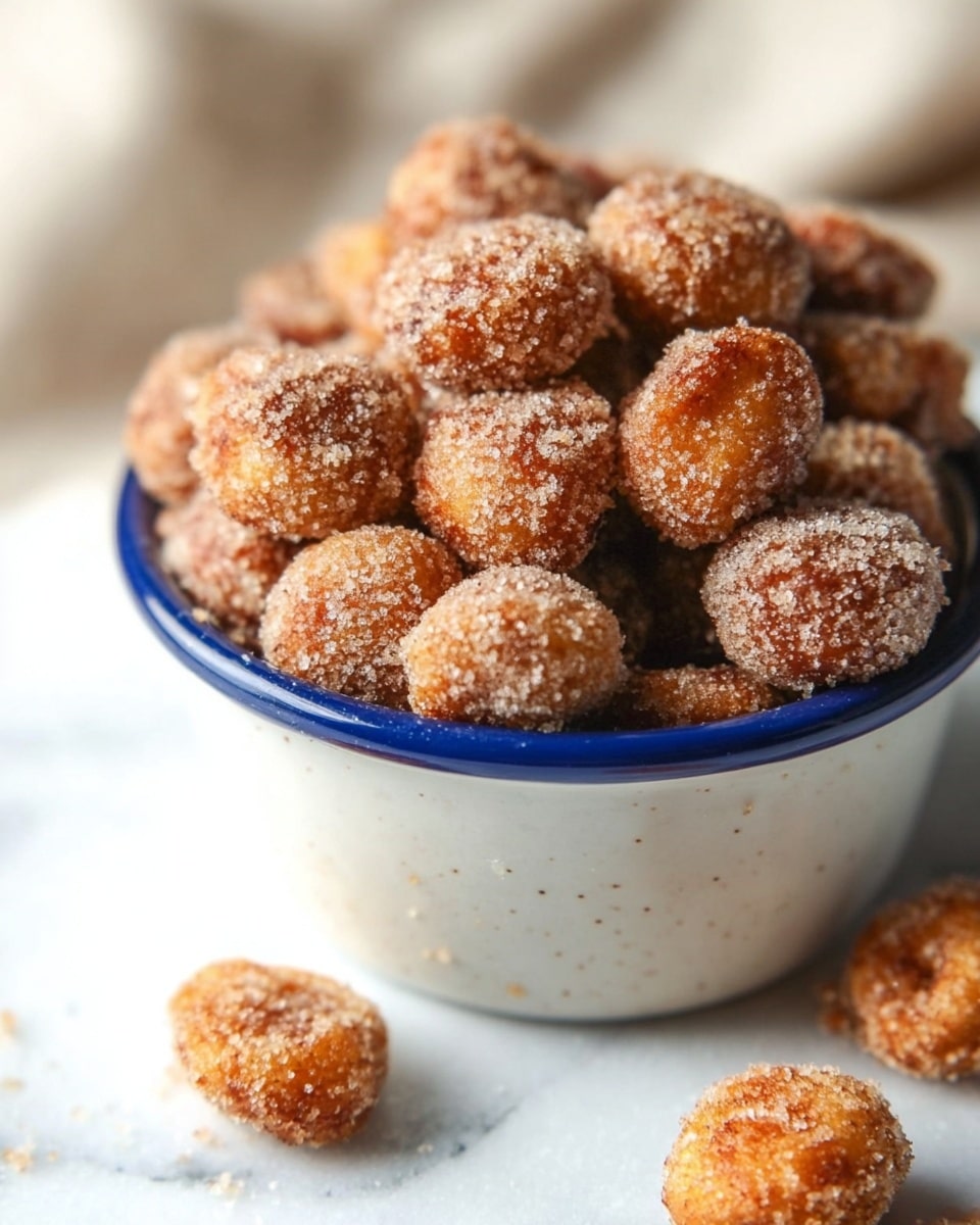 A small white bowl with a blue rim full of small, round, golden brown snack pieces covered in a light, sugary powder. The snack pieces have a rough, crumbly texture and are piled high, overflowing slightly over the edge of the bowl. A few pieces are scattered casually on a white marbled surface below the bowl, adding a natural, casual feel to the image. The overall color palette is warm with browns and tans, and the focus is sharp on the front snack pieces, creating a cozy, inviting look. Photo taken with an iphone --ar 4:5 --v 7
