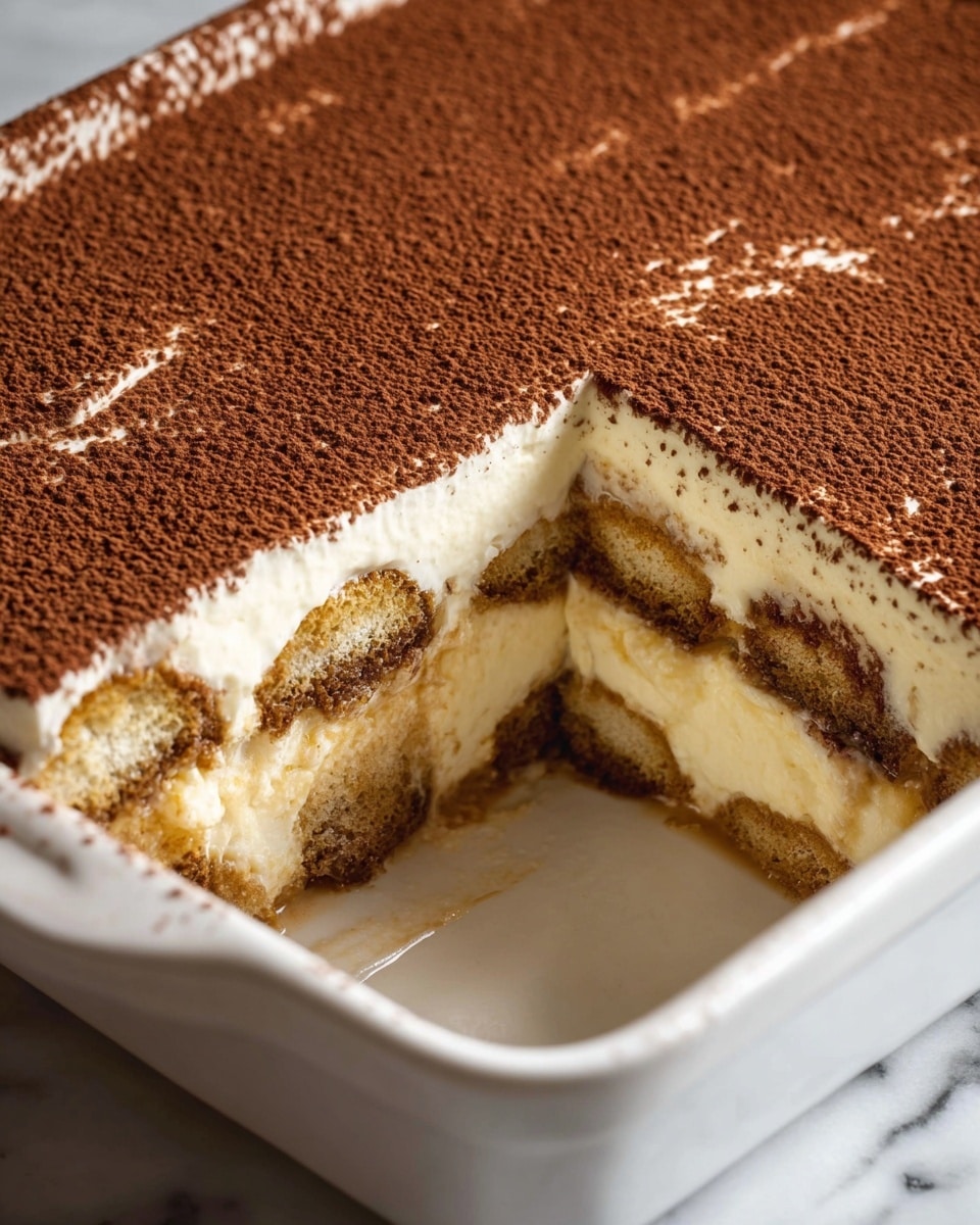 A close-up view of a square dessert in a white rectangular dish with a white marbled texture surface beneath. The dessert has three visible layers: the bottom and middle layers consist of soaked, light brown sponge cake pieces with a slightly wet texture, while in between and on top of these is a thick, creamy off-white mascarpone layer. The entire dessert is topped with a fine, even dusting of dark cocoa powder, covering the surface smoothly except for a clean rectangular cut segment removed from one corner, showing the layered inside clearly. Photo taken with an iphone --ar 4:5 --v 7