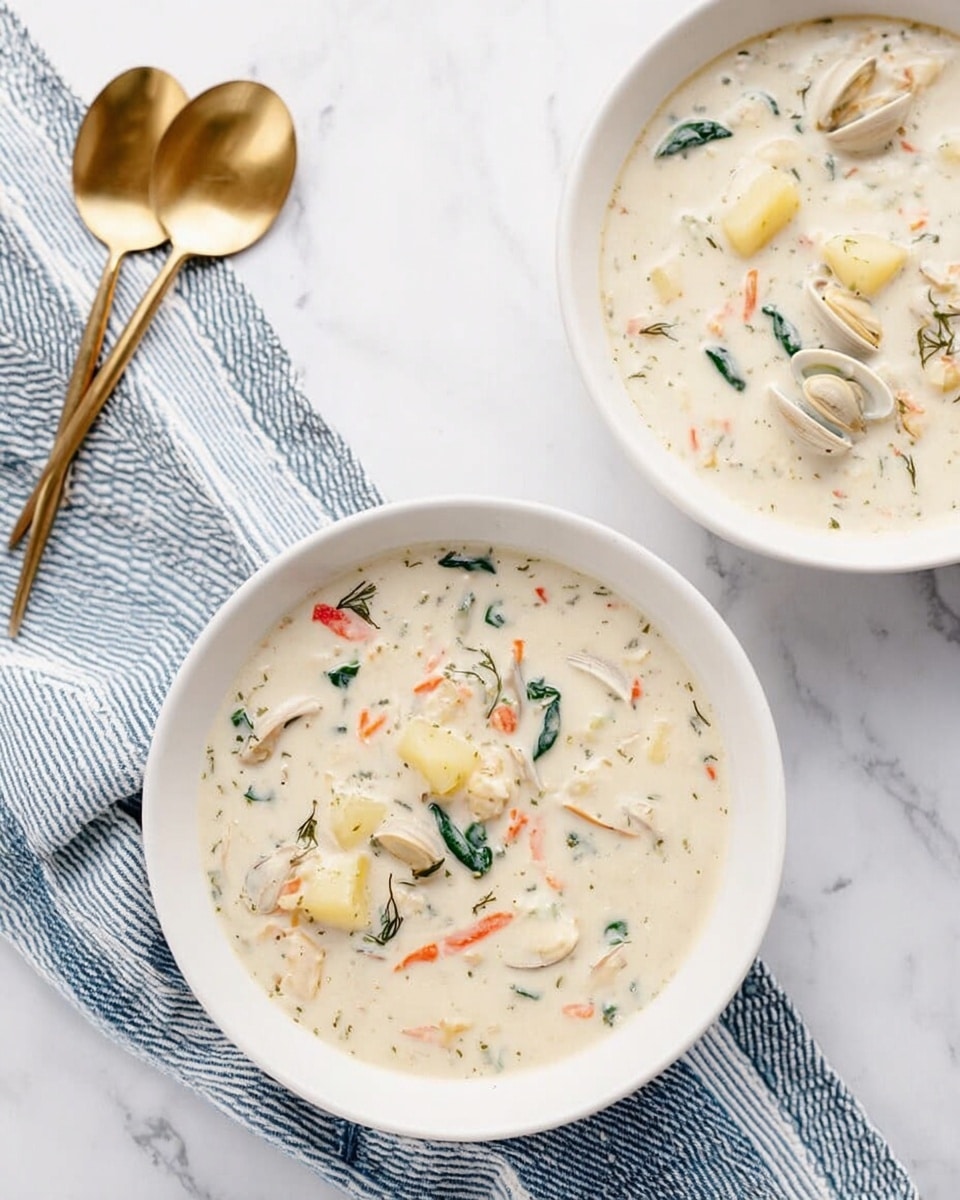 Two white bowls of creamy white clam chowder with visible pieces of clams, small potato chunks, thin orange carrot strips, and green herbs mixed throughout. The chowder has a thick, smooth texture with small bits floating evenly. One bowl is fully visible near the top right, and a second bowl is partially shown at the bottom left. A striped blue and white cloth is placed near the bowls, and two gold spoons rest together above the top bowl on a white marbled surface. The overall setting is bright with soft natural light. photo taken with an iphone --ar 4:5 --v 7