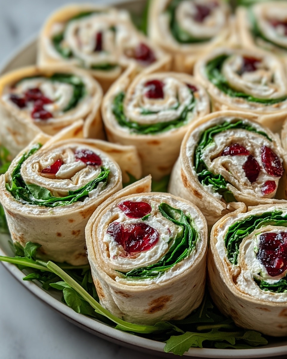 A close-up image of several tortilla pinwheel sandwiches arranged in a circular pattern on a bed of green leafy arugula in a white plate. Each pinwheel has three visible layers: a soft light beige tortilla wrap on the outside, a layer of bright green leafy spinach inside, and the center filled with white cream cheese and vivid red cranberry pieces. The textures are soft and creamy for the filling, with the tortilla having faint brown spots from light cooking. The scene sits on a white marbled surface. Photo taken with an iphone --ar 4:5 --v 7