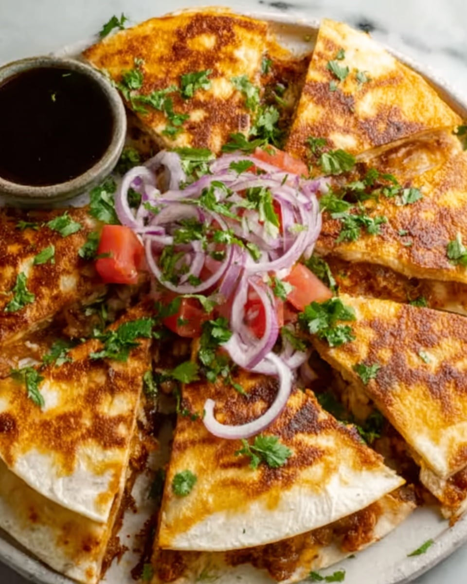 The image shows a round quesadilla cut into eight triangular pieces, arranged in a circle on a white plate. The quesadilla has a golden brown, slightly crispy texture with visible melted cheese inside the edges. In the center of the circle, there are thin slices of red onion, small tomato chunks, and fresh green herbs sprinkled on top, adding a pop of color. A small white bowl with a sour cream or white sauce is placed near the top left side of the plate. The whole setup is on a white marbled surface. Photo taken with an iphone --ar 4:5 --v 7