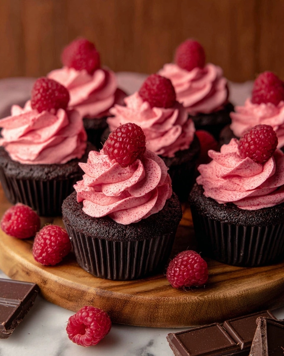 A group of seven chocolate cupcakes with dark brown bases are arranged closely on a round wooden board, each topped with one thick swirl of bright pink frosting with a slightly speckled texture, and crowned with a fresh red raspberry. Additional fresh raspberries and small pieces of dark chocolate squares are scattered around the board. The background is a warm wooden color, and the surface is a white marbled texture. photo taken with an iphone --ar 4:5 --v 7
