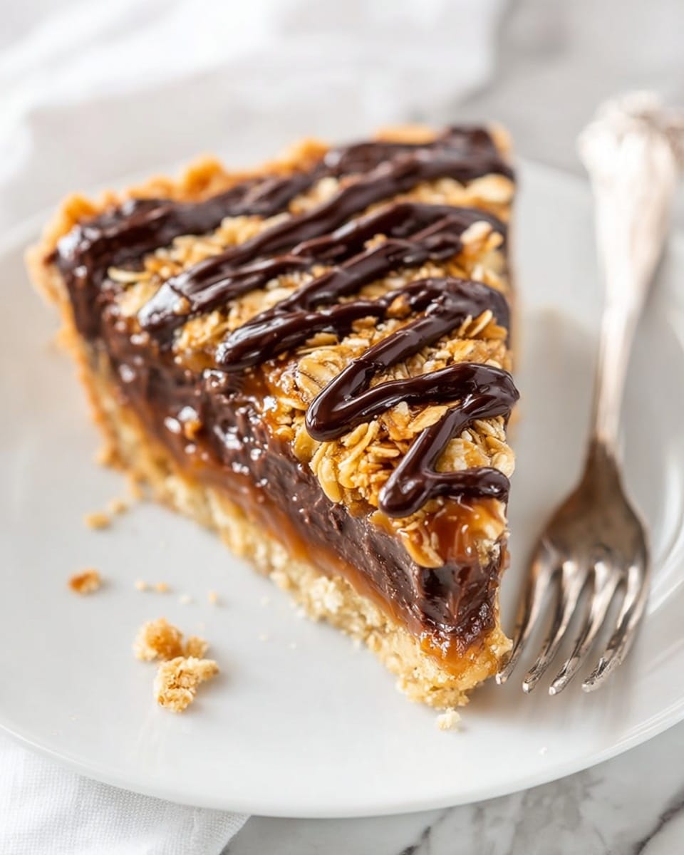 A slice of pie sits on a white plate with a white marbled surface in the background. The pie has three visible layers: a light golden crumbly base, a thick dark brown middle layer that looks smooth and rich, and a top layer made of shiny, golden oats mixed with caramel. There are thick, dark chocolate drizzles spread unevenly across the top in three bold lines. Some small crumbs are scattered near the edge of the plate. A silver fork is placed on the right side of the plate, with its prongs pointing toward the pie. Photo taken with an iphone --ar 4:5 --v 7