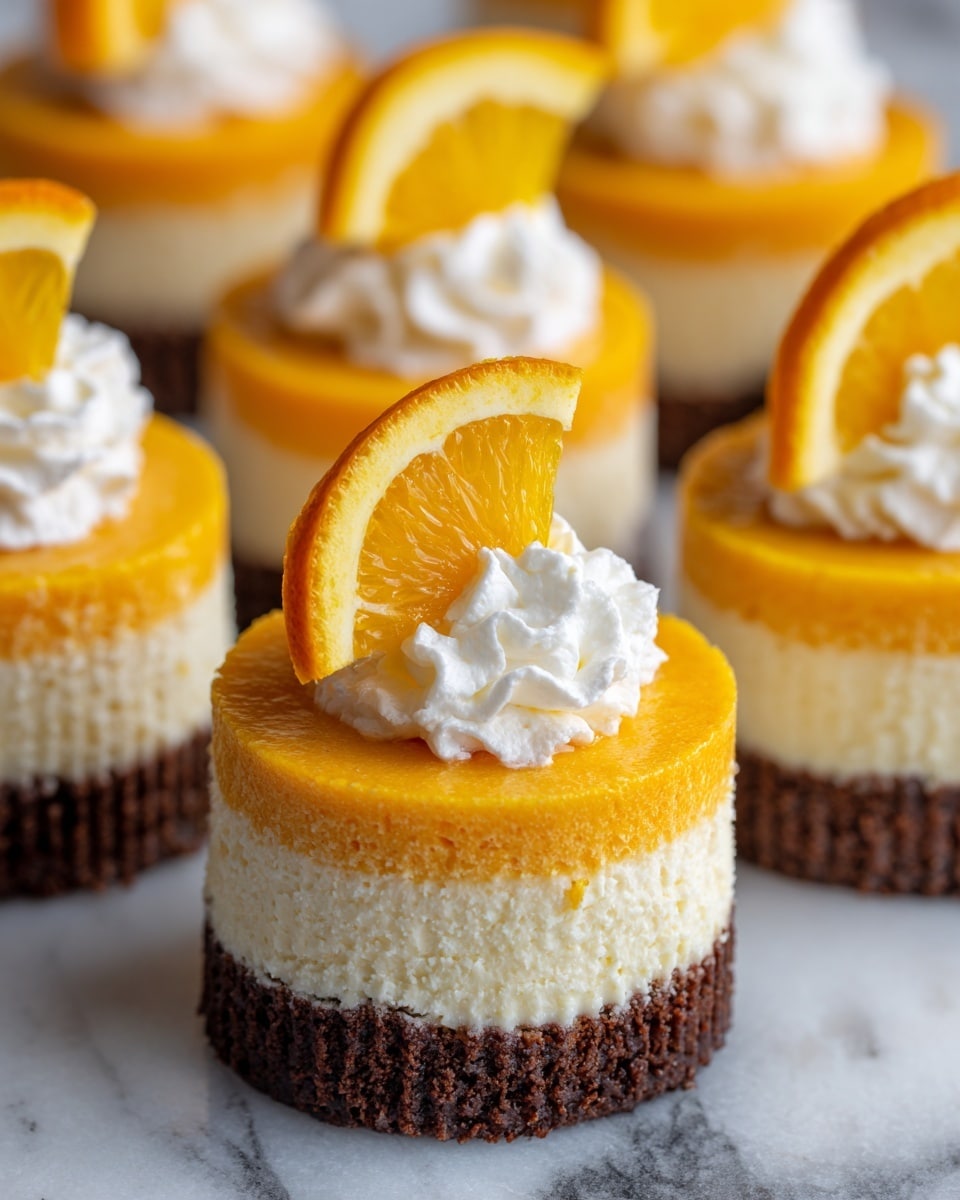 The image shows small, round orange and white layered cheesecakes with three visible layers: a dark chocolate crust base, a white middle layer, and a soft orange top layer with a smooth texture. Each cheesecake is topped with a small dollop of white whipped cream and a thin orange slice placed on a white marbled surface. The edges of the cheesecakes have a slightly ridged texture from the paper liners. Photo taken with an iphone --ar 4:5 --v 7