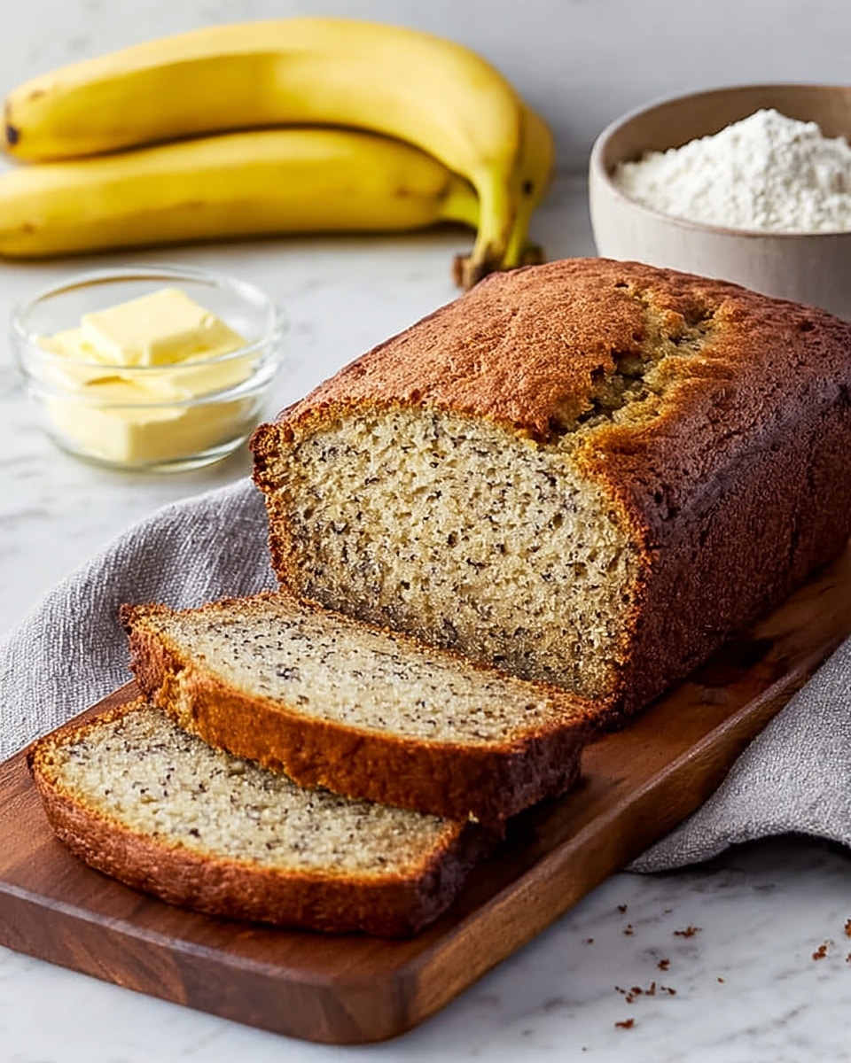 A golden brown banana bread loaf sits on a wooden board, with two even slices placed in front showing a moist, speckled inner crumb in light beige with tiny dark spots from banana pieces. To the left, there is a small glass bowl with pale yellow butter, next to a soft grey cloth. Behind the board, a white bowl filled with white flour and two ripe yellow bananas add context. The surface and background have a white marbled texture. photo taken with an iphone --ar 4:5 --v 7