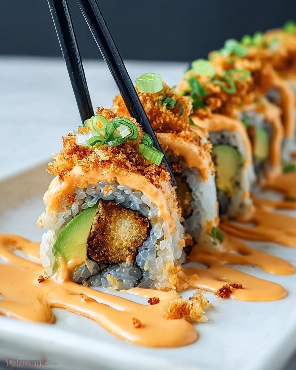 A close-up of sushi rolls arranged in a row on a white plate with a white marbled texture background. Each sushi roll has three visible layers: a shiny white rice outer layer, a black seaweed layer in the middle, and an inner filling of bright green avocado and a brown crispy tempura piece. On top of the rolls, there is a layer of golden-brown crunchy tempura crumbs sprinkled with small green onion slices. An orange creamy sauce is drizzled over the top and pooled slightly around the rolls on the plate. A pair of black chopsticks is holding one sushi roll above the others. Photo taken with an iphone --ar 4:5 --v 7
