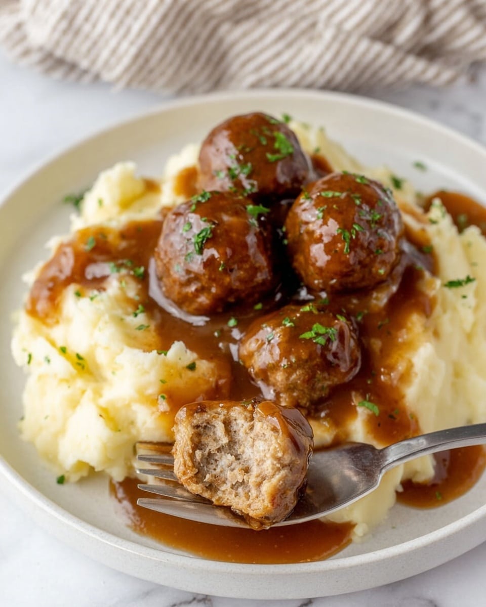 A white plate holds a serving of creamy mashed potatoes with a soft and fluffy texture, topped with a rich brown gravy that glistens under the light. On top of the potatoes, there are five round meatballs covered in the thick brown sauce, sprinkled with small green herb pieces that add color contrast. In the foreground, a fork holds a split meatball showing its moist and textured inside, also coated with some gravy. The setting is on a white marbled texture, creating a clean and bright look. photo taken with an iphone --ar 4:5 --v 7