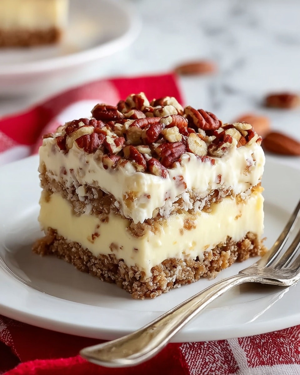 A square slice of layered cake on a white plate showing four visible layers: starting from the bottom, a crumbly light brown cake layer, followed by a thick creamy white layer, another crumbly light brown cake layer, and topped with a thick creamy white frosting. The top frosting is decorated with whole glossy pecan nuts in a scattered arrangement. The cake edges show some crumbs and cream sticking out. There is a silver fork resting on the left edge of the plate with a white marbled surface underneath and a dark cloth with white checkered pattern partially visible. Photo taken with an iphone --ar 4:5 --v 7