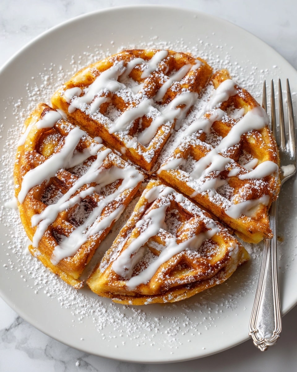 A round waffle divided into four sections sits on a white plate with a shiny silver fork on the side. The waffle is golden brown with a slightly crispy texture and swirled patterns from cinnamon roll dough visible underneath. It is drizzled evenly with thick white icing in diagonal lines from top left to bottom right. A light dusting of powdered sugar adds a soft white touch to the waffle’s surface, highlighting the caramelized sugar spots. The plate is placed on a white marbled texture. photo taken with an iphone --ar 4:5 --v 7