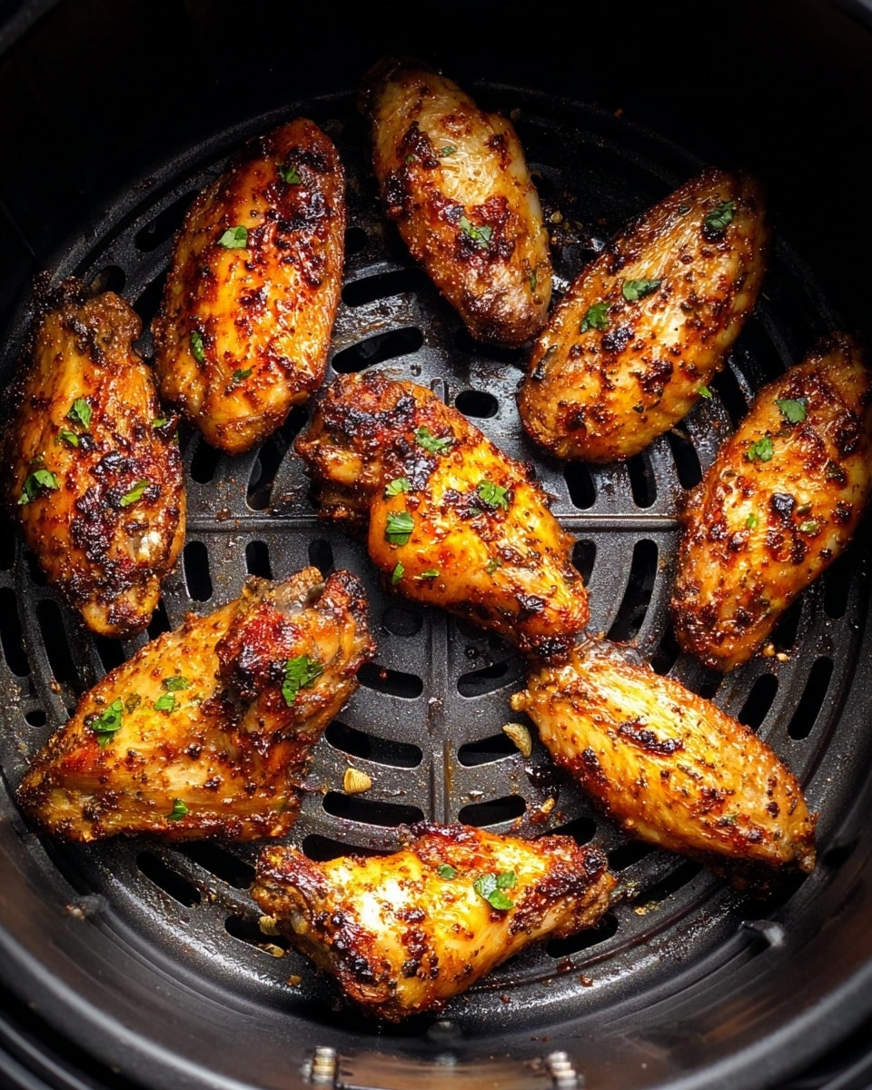 The image shows ten golden-brown cooked chicken wings arranged in a circular pattern inside a black air fryer basket. Each wing is covered with a crispy, well-seasoned skin with dark charred spots and sprinkled with small green herb pieces. The texture of the chicken looks crunchy with visible pepper seasoning dots on the surface. The black basket has open grid-like holes that allow airflow, and small bits of seasoning and charred bits can be seen trapped between the holes. Photo taken with an iphone --ar 4:5 --v 7