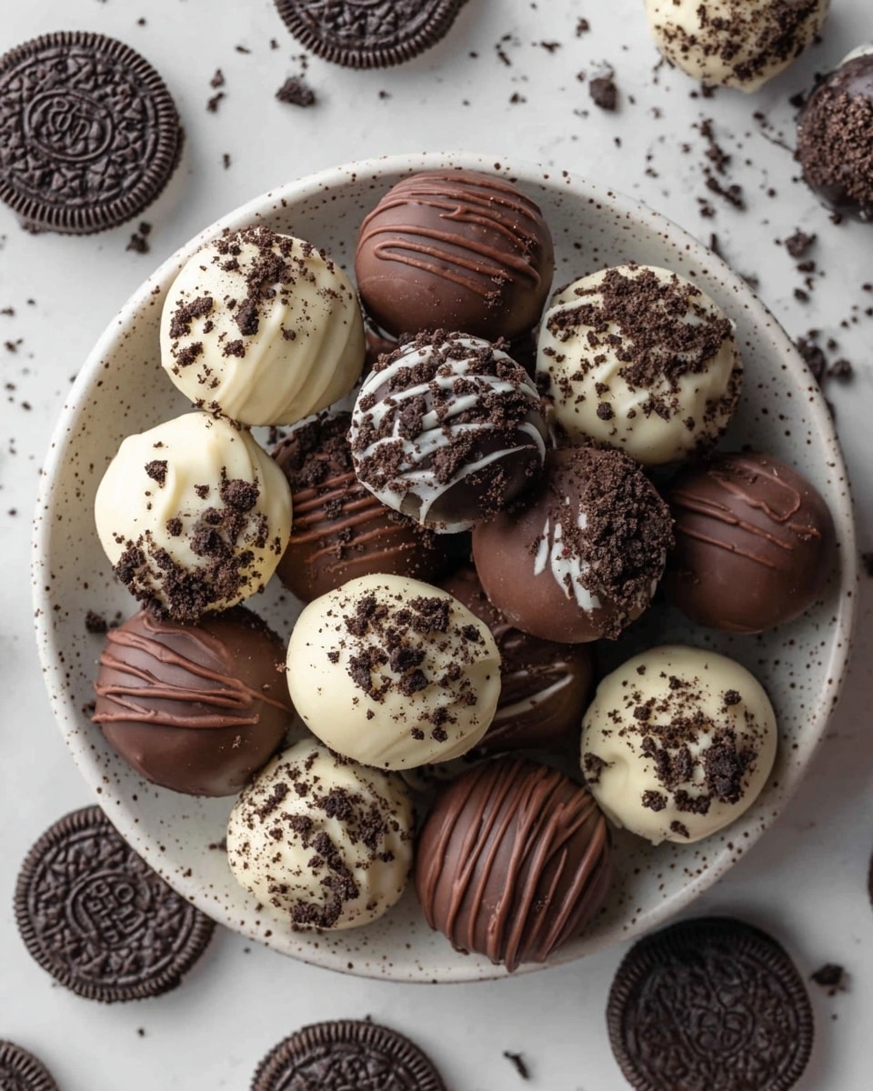 A round white speckled plate holds two types of Oreo truffles arranged in a pile: one set coated in smooth dark brown chocolate with chocolate drizzle and sprinkled with crushed Oreo crumbs, and the other covered in creamy white chocolate with dark chocolate drizzle and topped with crushed Oreo crumbs. The truffles are round, glossy, and evenly coated with a dense texture. Several whole Oreo cookies lay scattered around the plate on a white marbled surface, adding contrast to the arrangement. Photo taken with an iphone --ar 4:5 --v 7