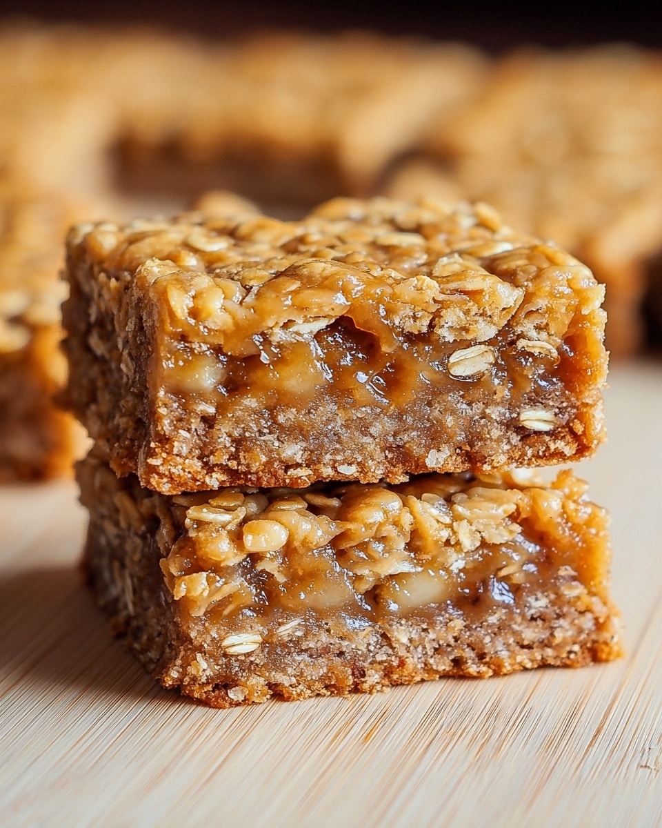The image shows two stacked oat bars, each with three visible layers. The top layer is a golden brown, crispy oat crust with visible whole oats that look crunchy. The middle layer is thick and gooey with a glossy texture, showing bits of soft banana chunks and a caramel-like color. The bottom layer is slightly darker, firm, and crust-like, providing a solid base. The bars sit on a light wooden surface with a blurred background of more oat bars. photo taken with an iphone --ar 4:5 --v 7