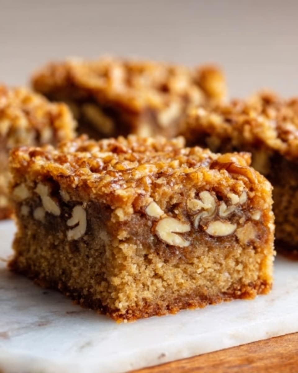 A close-up of two square pieces of nutty cake placed on a white marbled surface, with the front piece showing visible walnut halves inside. The cake has three layers: a light brown crumbly base, a dense middle layer filled with chopped nuts and small walnut pieces, and a slightly darker golden-brown top layer with a slightly rough texture. The edges of the cake are clean and sharp, highlighting the different textures and nut pieces inside. Photo taken with an iphone --ar 4:5 --v 7