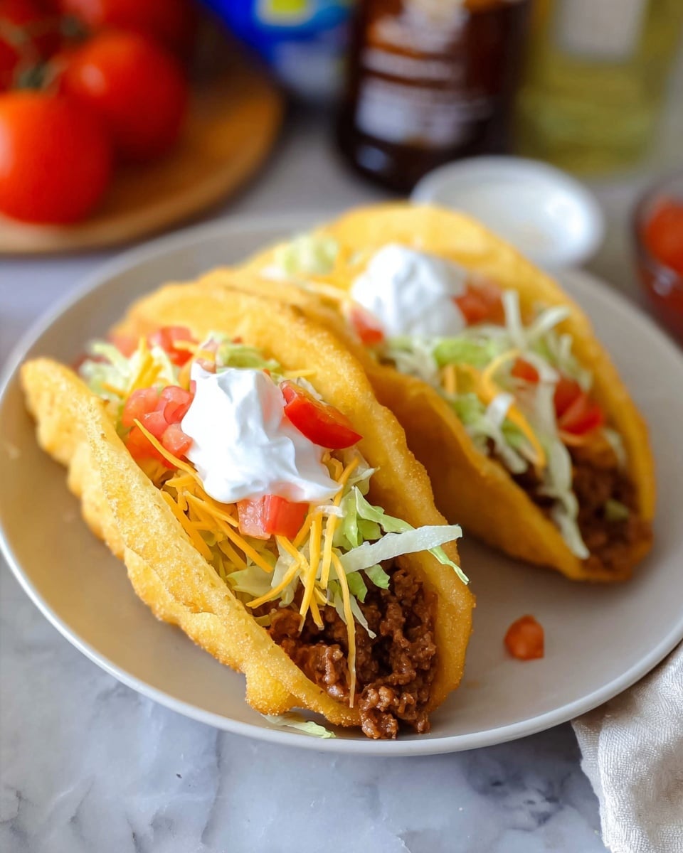 Two tacos placed side by side on a white plate, each taco has a thick golden fried shell. The bottom layer inside the shell is brown cooked ground meat, topped with bright red diced tomatoes. Above that, there is shredded green lettuce followed by a layer of yellow shredded cheese. On top of each taco, there is a white dollop of sour cream. The plate is set on a white marbled surface, with a blurred bottle and ingredients in the background. Photo taken with an iphone --ar 4:5 --v 7