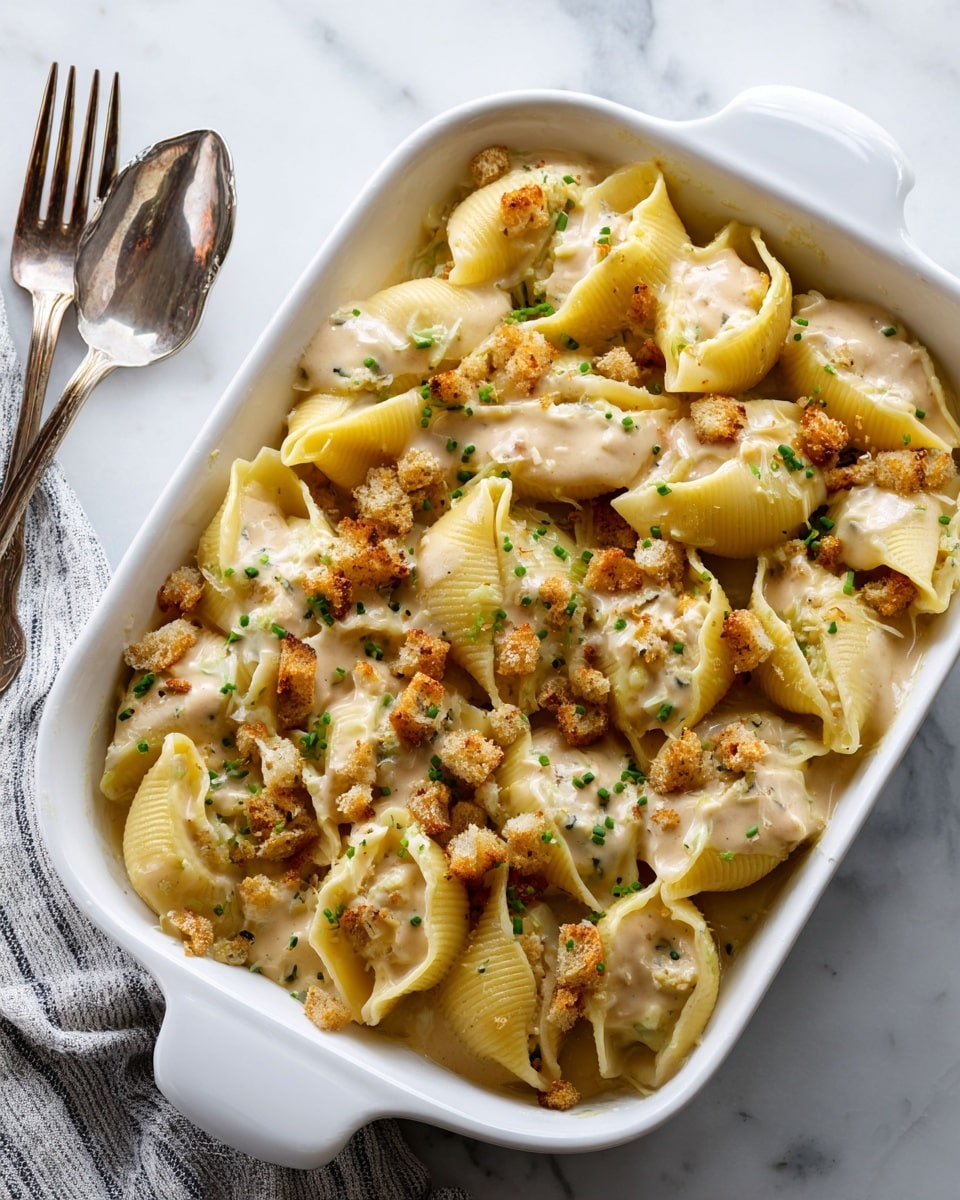 A white rectangular dish filled with large yellow pasta shells arranged closely in two layers, each shell stuffed and topped with a creamy, light beige sauce. Scattered on top are golden-brown croutons and small green chive pieces that add color contrast. The pasta’s texture is smooth and slightly glossy from the sauce, while the croutons are crisp and rough. The dish sits on a white marbled surface, with two forks and a striped cloth napkin to the left side. photo taken with an iphone --ar 4:5 --v 7