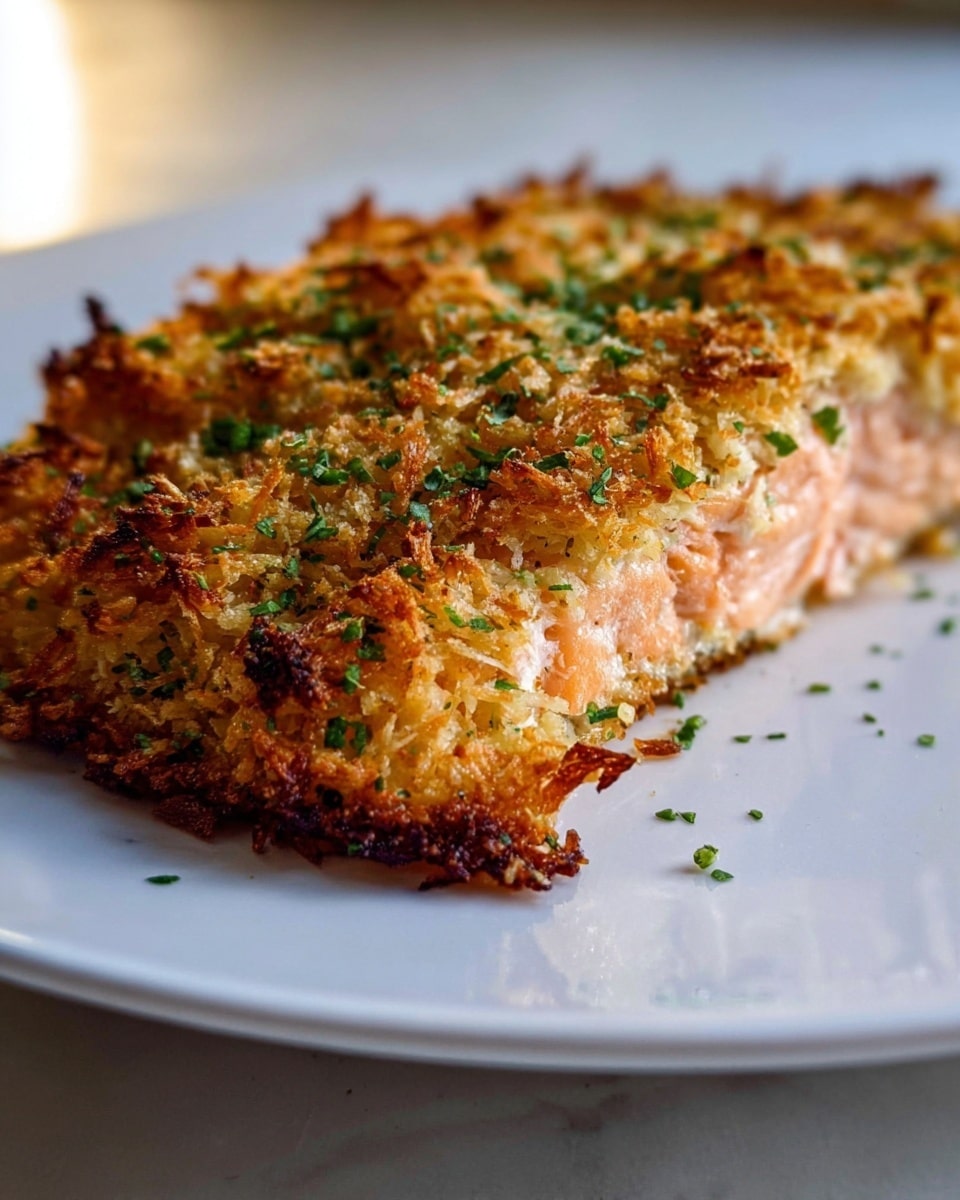 A close-up of a thick salmon fillet on a white plate, covered with a golden-brown crispy crust made of toasted shredded coconut and green herbs. The crust is textured and uneven, showing some toasted edges darker and crunchy, while inside the salmon is light pink, tender, and moist. The white plate is set on a white marbled surface with soft light highlighting the crispy topping's details and the fish's juicy inside. photo taken with an iphone --ar 4:5 --v 7