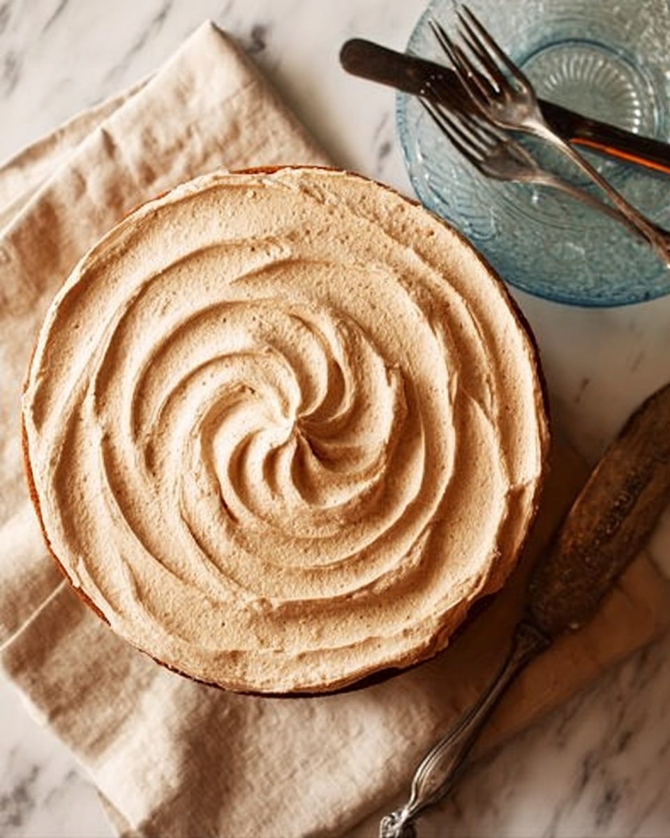 A round cake with one visible layer is shown from above, covered in light brown frosting with a smooth, swirled texture creating a spiral pattern in the center. The cake sits on a mostly hidden base, placed on a beige cloth over a white marbled surface. In the background, there is a clear glass plate with three forks resting on it. The photo captures a simple and cozy presentation. Photo taken with an iphone --ar 4:5 --v 7