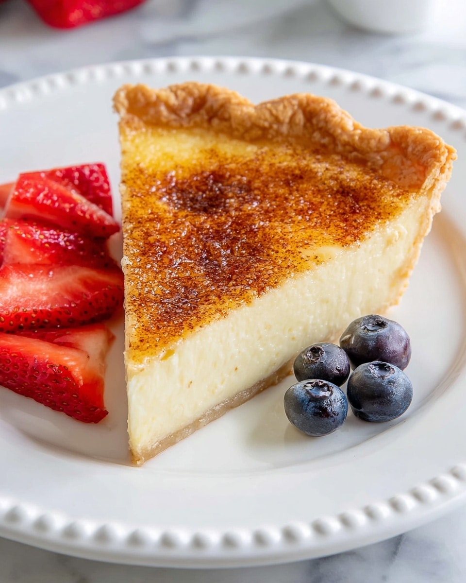 A single triangular slice of custard pie sits centered on a white plate with a beaded edge, showing three distinct layers: a golden brown, crispy pie crust around the edges, a thick creamy pale yellow custard filling in the middle, and a glossy, lightly browned top dusted with fine specks of cinnamon. To the left of the slice, there are a few fresh sliced strawberries, bright red with visible seeds, placed overlapping each other, and several small round blueberries, deep blue with a slightly matte finish, scattered near the strawberries and the pie slice. The plate is set on a white marbled surface. photo taken with an iphone --ar 4:5 --v 7