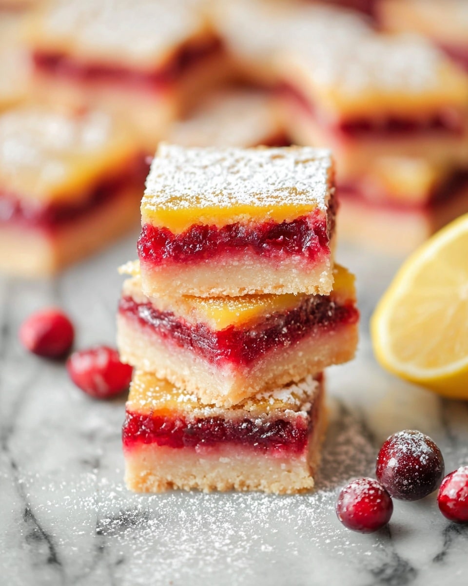 The image shows a stack of three square lemon cranberry bars on a white marbled surface. Each bar has three layers: a light beige crumbly base, a bright red cranberry middle layer with visible fruit texture, and a smooth yellow lemon topping dusted with white powdered sugar. Around the bars, there are a few whole cranberries and a half lemon placed on the white marbled surface. In the background, more bars are seen arranged in a group, all with the same layered look. photo taken with an iphone --ar 4:5 --v 7
