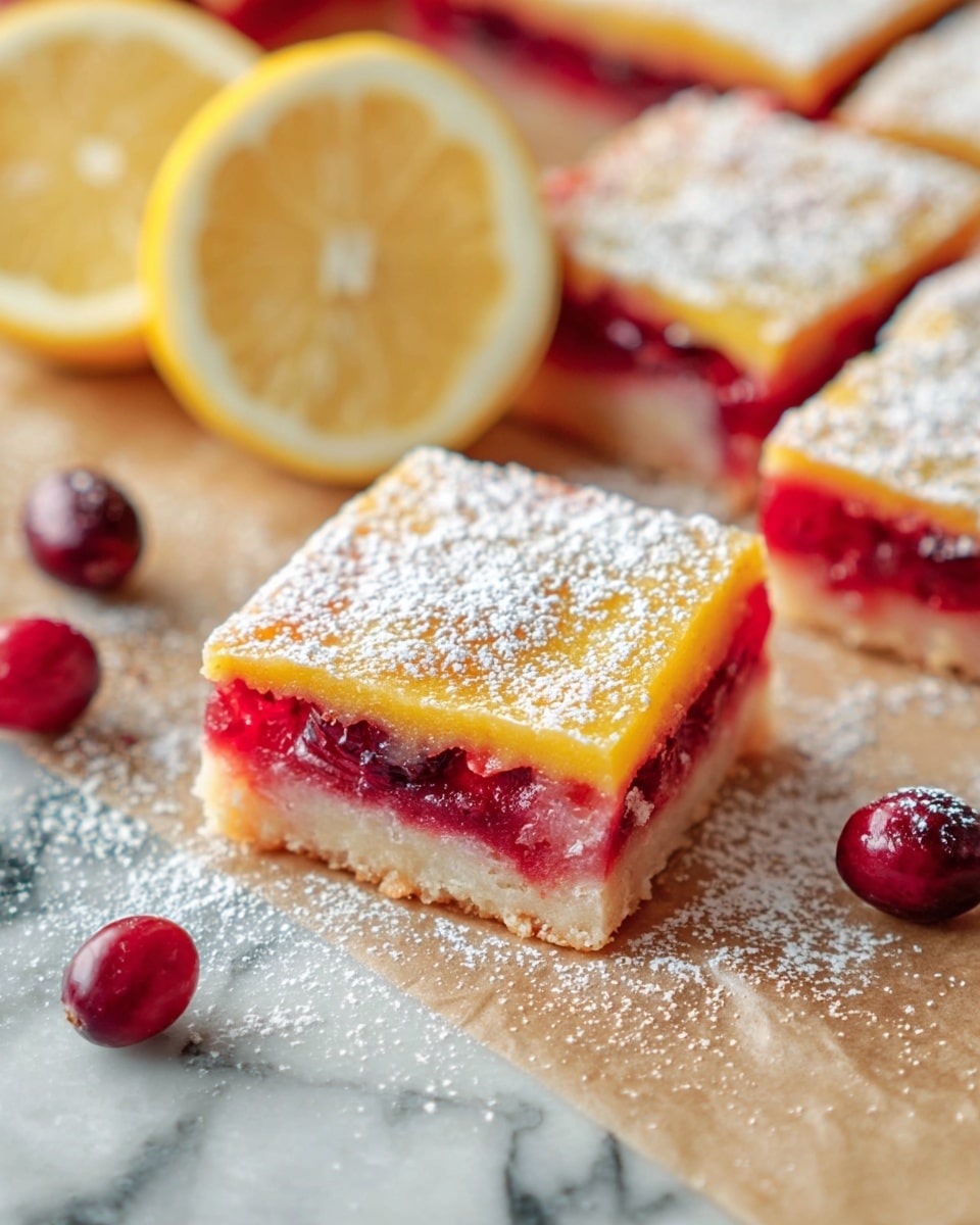 The image shows a square dessert bar with three visible layers placed on parchment paper over a white marbled texture. The bottom layer is a pale, crumbly crust, the middle layer is a bright red, juicy cranberry filling with whole cranberries visible, and the top layer is a smooth, golden-yellow lemon custard dusted with a light layer of white powdered sugar. In the background, more of these bars are arranged in squares, and on the left side, there are two halves of a lemon with a pale yellow color. A few whole cranberries with deep red, shiny skins are scattered around the bars on the parchment paper. The overall look is fresh and inviting. photo taken with an iphone --ar 4:5 --v 7