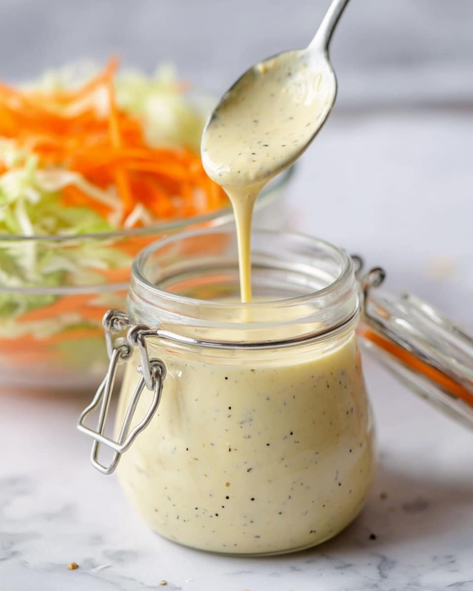 A clear glass jar filled with creamy, light yellow dressing speckled with small black pepper bits sits on a white marbled surface; a spoon, held above the jar, drips the thick dressing back into it, showing its smooth texture. Behind the jar is a clear bowl with shredded bright orange carrots and light green cabbage layered inside, slightly blurred in the background. The jar's metal clasp and rubber seal are clearly visible on the right side. photo taken with an iphone --ar 4:5 --v 7
