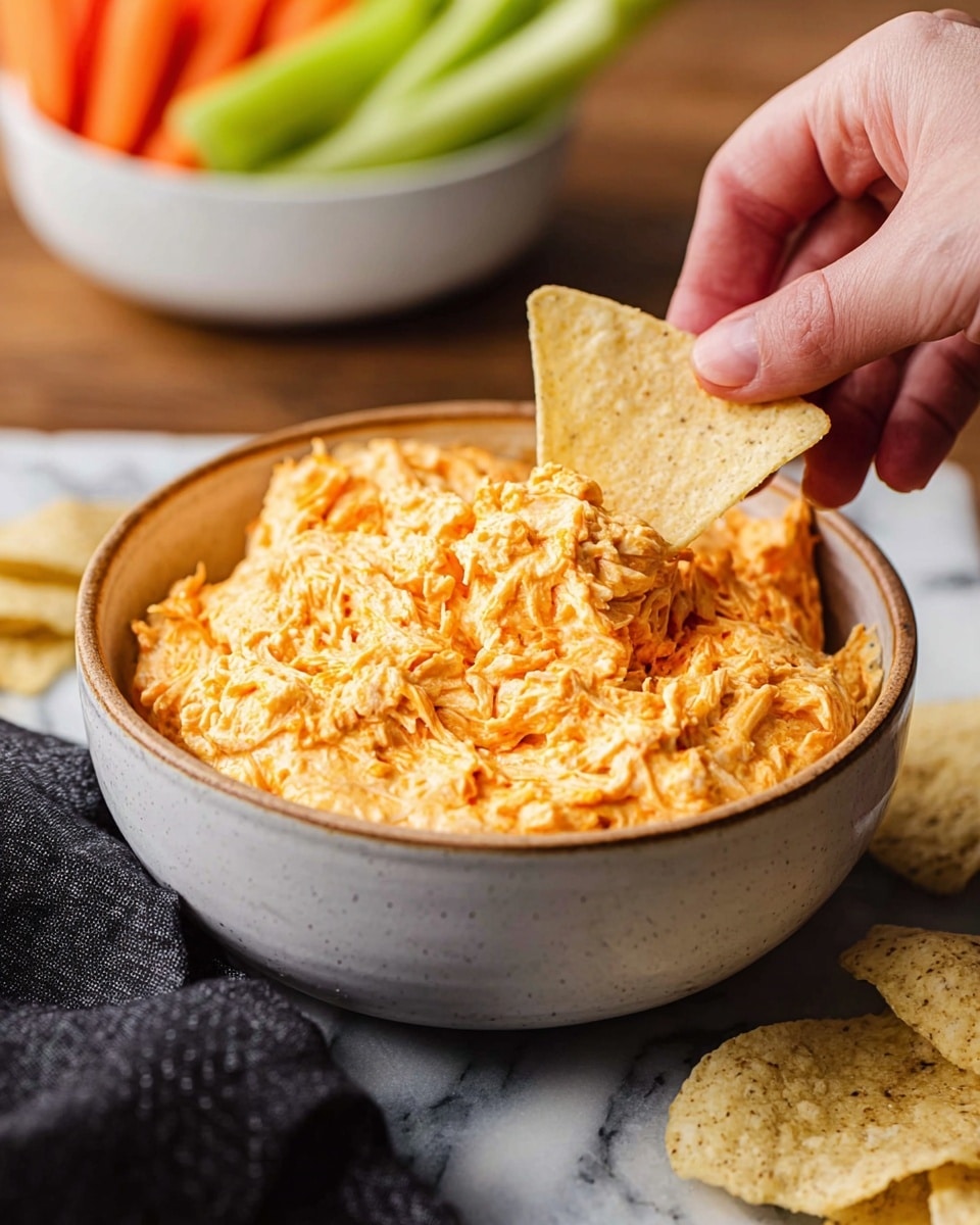 A close-up view of a white bowl filled with orange creamy dip made of shredded ingredients with a rough texture, with a triangular pale yellow tortilla chip dipped into the dip by a woman's hand on the right side. The bowl is placed on a white marbled surface, with some more similar chips scattered around. In the blurred background, there is another white bowl filled with fresh carrot and celery sticks. A folded dark cloth napkin is placed near the bottom right corner of the bowl. photo taken with an iphone --ar 4:5 --v 7