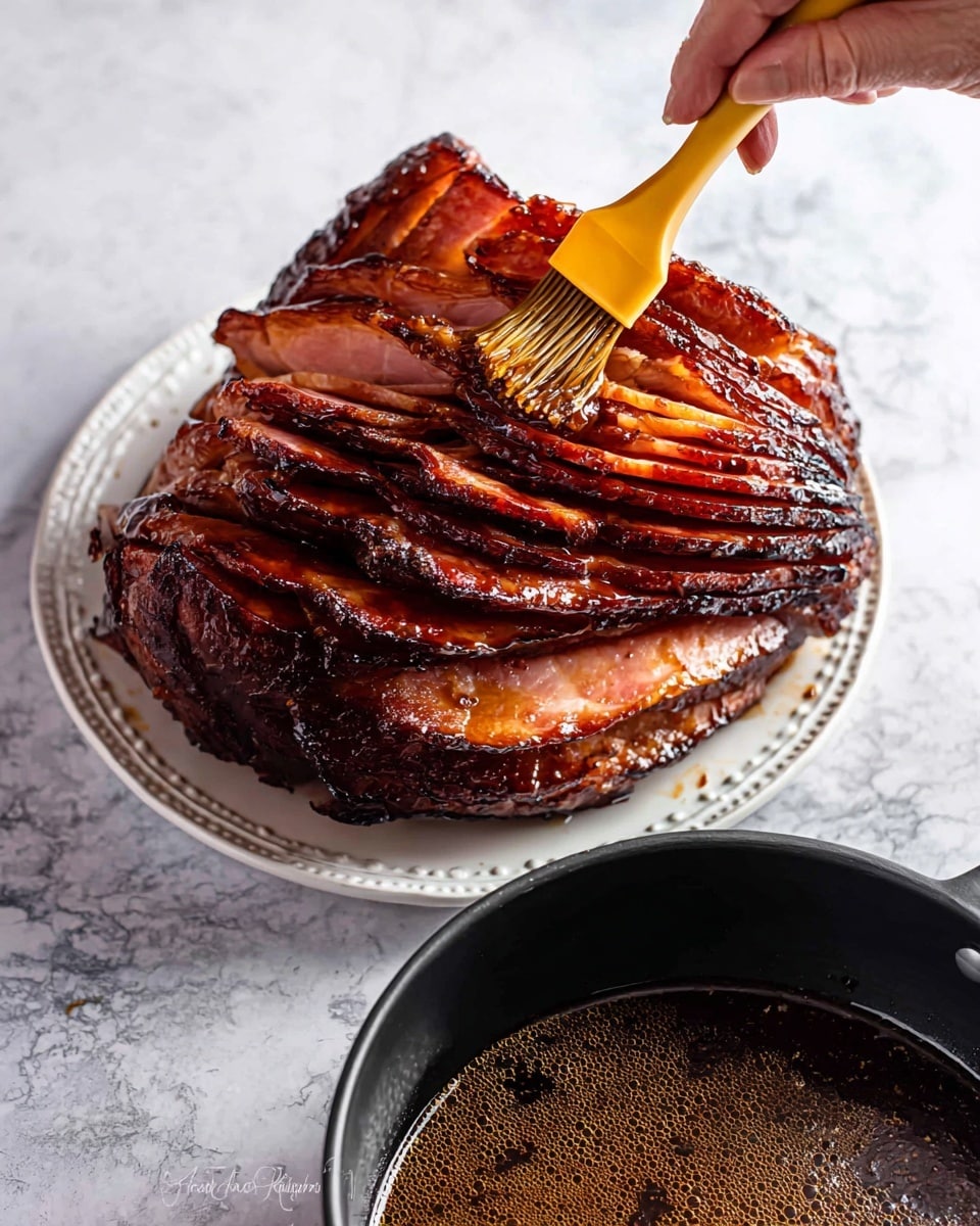 A large roasted ham is placed on a white plate with a detailed rim, cut into many thin layers showing rich dark brown edges and glossy caramelized glaze on top. A woman's hand holding a yellow pastry brush is applying a shiny sauce on the cut layers, enhancing the glossy look. Below the plate, there is a black pan filled with a thick, dark brown glaze or sauce with a slightly bubbly texture. The background is a white marbled surface, giving a clean and bright look to the image. photo taken with an iphone --ar 4:5 --v 7