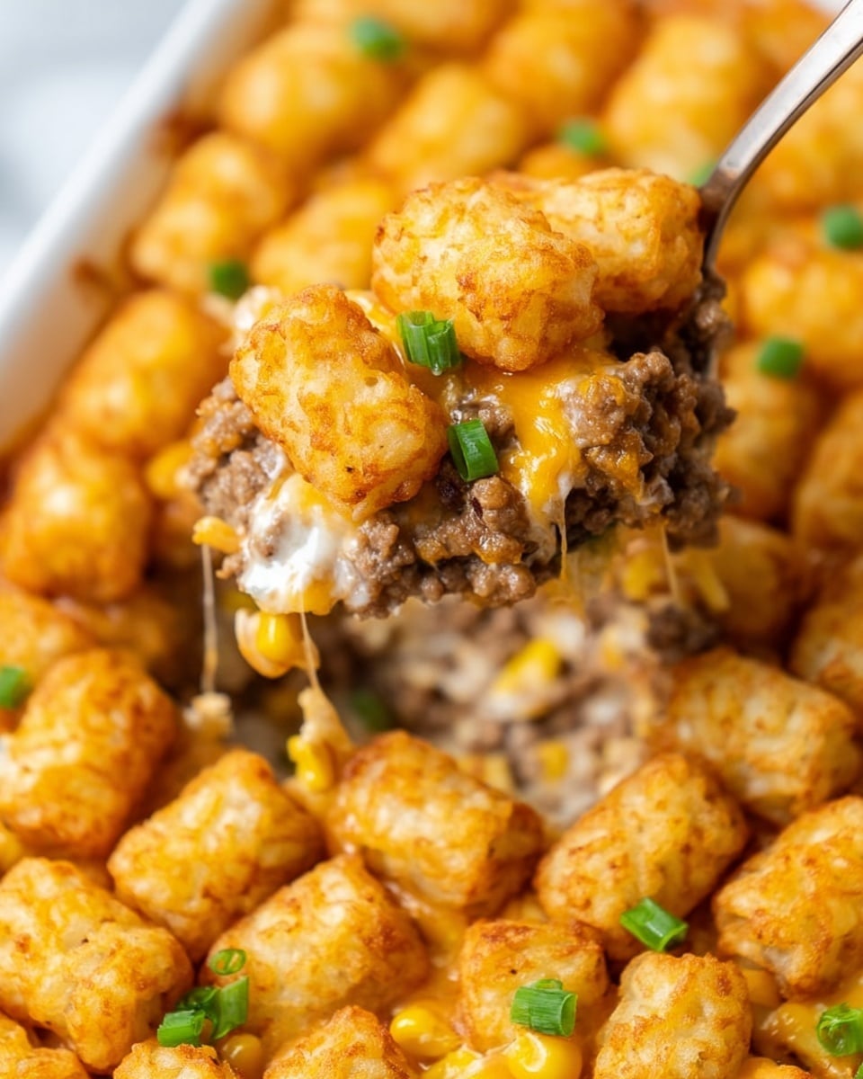 The dish shows a close-up of a spoon lifting a serving from a casserole. The top layer is made of golden brown crispy tater tots arranged close together, with some sprinkled green onion pieces adding a fresh green contrast. Underneath, there is a creamy, light beige ground meat mixture with visible yellow corn kernels and melted cheddar cheese, creating a rich and hearty texture. The background consists of the same casserole with the tater tot topping and bits of green onion scattered across. The surface is a white marbled texture. photo taken with an iphone --ar 4:5 --v 7