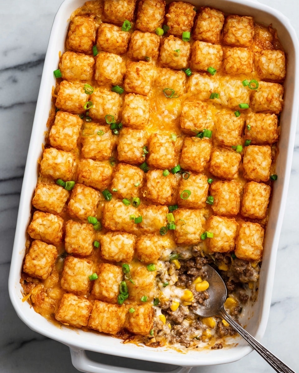 The image shows a white rectangular baking dish filled with a layered casserole. The top layer is made up of neatly arranged golden-brown crispy tater tots, forming a grid pattern. Scattered green chopped onions add a fresh color contrast on top of the tater tots. Underneath, a creamy layer with visible pieces of ground beef, melted cheddar cheese, corn kernels, and creamy sauce can be seen where a section has been scooped out with a silver spoon. The dish rests on a white marbled surface, creating a clean and bright setting. Photo taken with an iphone --ar 4:5 --v 7