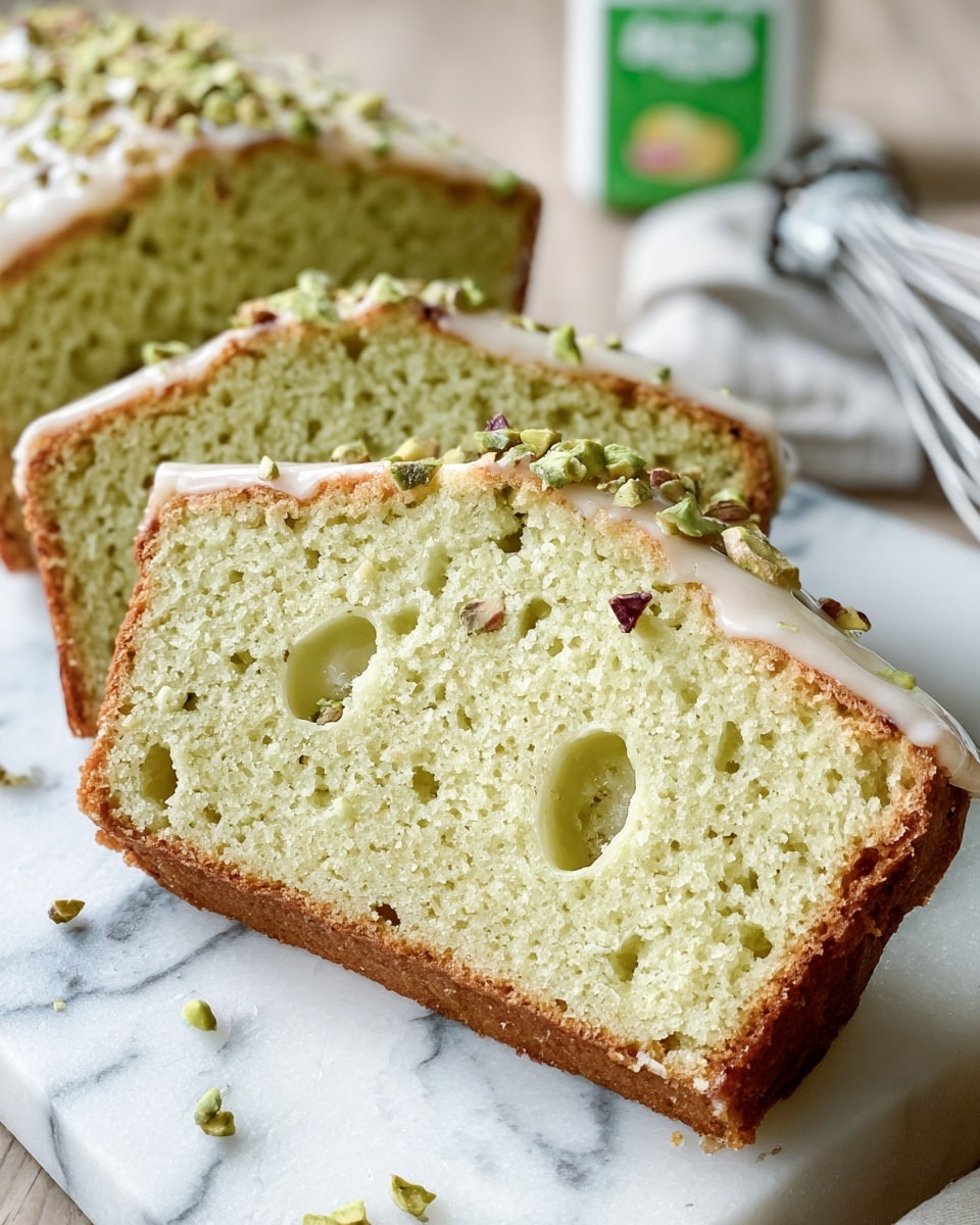 The image shows three slices of light green cake with a soft and moist texture, placed side by side on a white marbled surface. Each slice has a slightly golden-brown crust with small, even holes scattered throughout the inside. The top layer of the cake is glazed with a thin, shiny white icing and sprinkled with chopped pistachios, adding a bit of crunch. The background contains a blurred carton and a metal whisk near the edge of the frame. Photo taken with an iphone --ar 4:5 --v 7