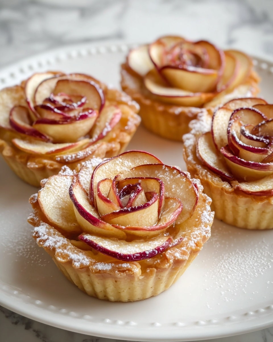 The image shows four small rose-shaped tarts arranged on a white plate with a slightly raised edge and small round details. Each tart has two main layers: the base is a light golden-brown pastry crust with a soft texture and scalloped edges, and the top layer consists of thin, delicate apple slices baked into the shape of a rose, with the edges of the slices having a reddish-brown tint. A light dusting of powdered sugar covers the apple rose layers, adding a fine white powder texture. The white plate rests on a white marbled surface, giving a clean and elegant look. photo taken with an iphone --ar 4:5 --v 7