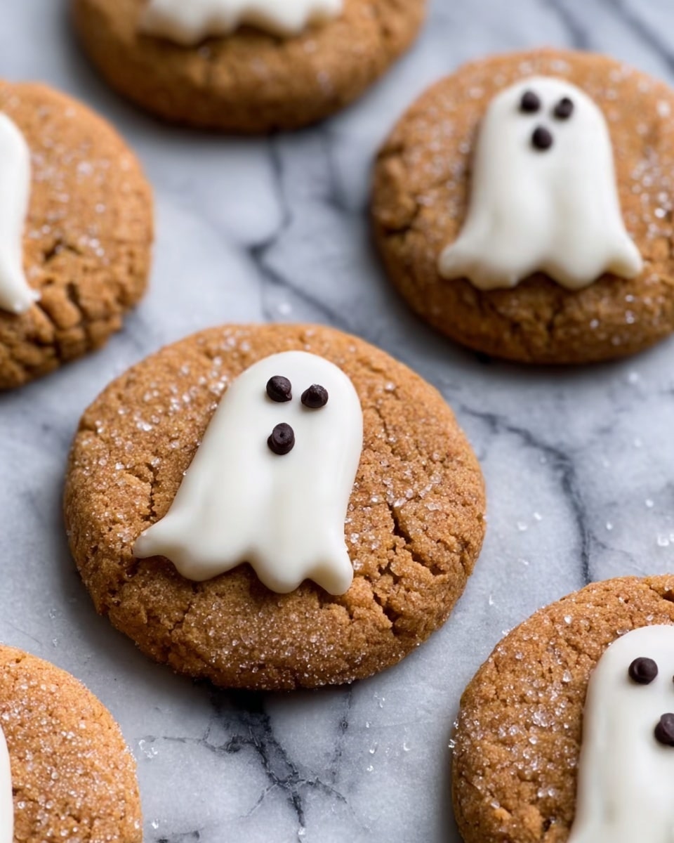 The image shows round, light brown cookies with a rough texture. Each cookie has a small, ghost-shaped decoration on top made from smooth white icing, with three small dark chocolate bits forming the eyes and mouth of the ghost. The cookies are arranged on a white marbled surface with visible cracks and a coarse texture on the cookies. The focus is close up, showing the details clearly and some crystals of sugar sprinkled lightly on the cookies. photo taken with an iphone --ar 4:5 --v 7