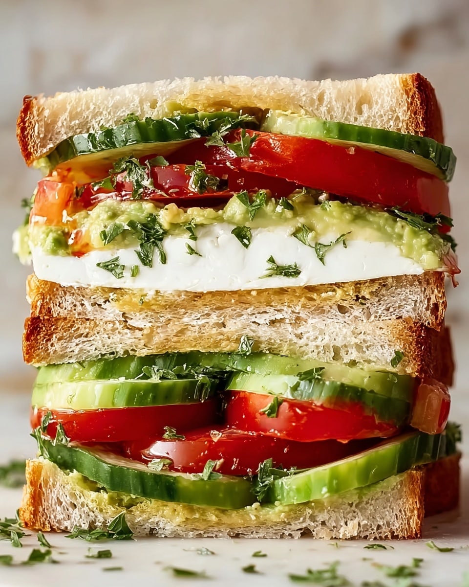 A thick sandwich with three layers of white bread, slightly toasted with a golden brown crust and a soft white inside. The bottom bread layer is topped with green cucumber slices, pieces of avocado, fresh chopped parsley, and red tomato slices. The middle bread layer holds creamy mashed avocado spread, more cucumber slices, another red tomato slice, and a thick white soft cheese slice with green herbs sprinkled on top. The sandwich is set against a white marbled texture background. photo taken with an iphone --ar 4:5 --v 7
