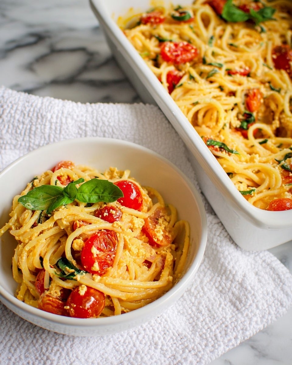 The image shows a close-up of a white bowl with a serving of pasta inside, placed on a white marbled surface with a white textured cloth nearby. The pasta is light yellow with pieces of bright red cherry tomatoes mixed throughout and some green basil leaves on top for garnish. The pasta looks creamy and slightly sauced with bits of crumbled cheese or tofu in between the noodles. Next to the bowl is a white baking dish filled with the same pasta, showing more cherry tomatoes and green herbs mixed in. The colors are warm with a mix of soft textures from the pasta and fresh accents from the tomatoes and basil. photo taken with an iphone --ar 4:5 --v 7