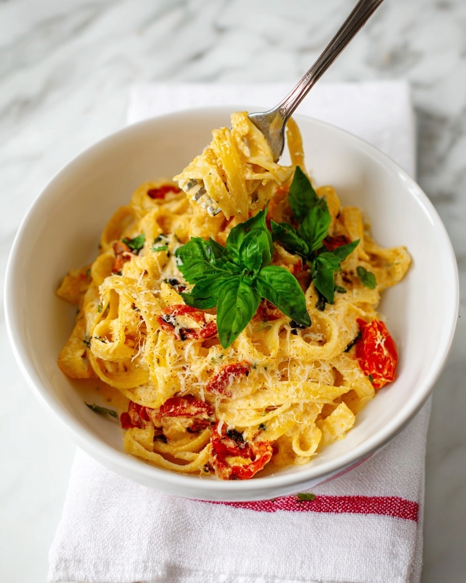 A white bowl filled with three main visible layers: the bottom layer is light brown pasta noodles coated in a creamy sauce mixed with bits of orange-red roasted cherry tomatoes; the middle layer shows a mix of coarse yellowish grated cheese scattered over the pasta; the top layer features a small bunch of fresh bright green basil leaves on one side, and a silver fork stuck upright winding creamy yellowish pasta noodles around its tines, all set on a white marbled surface with a white towel that has a red stripe near the bowl. Photo taken with an iphone --ar 4:5 --v 7