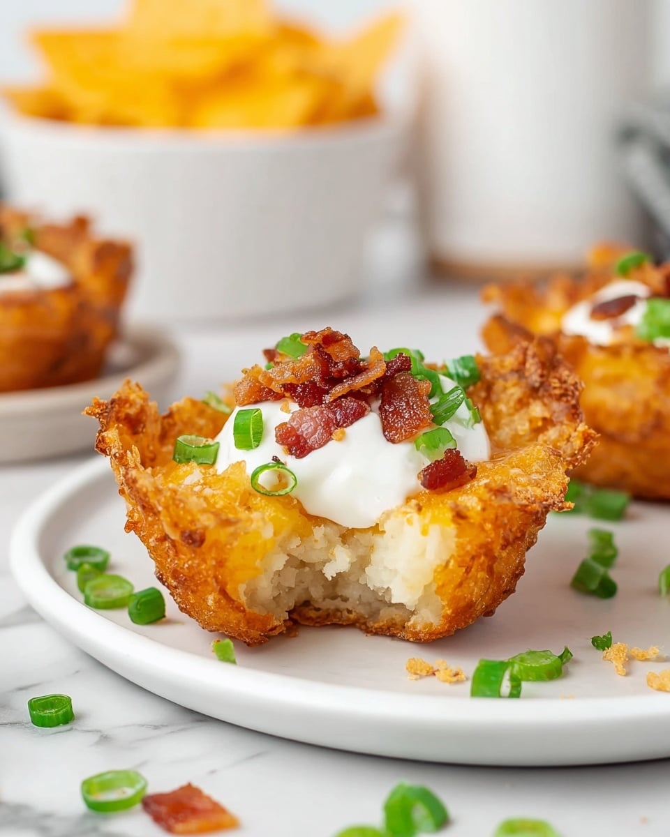 A close-up of a crispy, golden-brown potato cup with a rough, crunchy texture, positioned in the center of a white plate on a white marbled surface. Inside the cup, there are soft, pale mashed potatoes layered at the base. On top, there is a dollop of smooth, white sour cream, sprinkled with small pieces of crispy, reddish-brown bacon bits, and bright green chopped scallions scattered around and on the cup. In the background, out of focus, there is a white bowl with yellow cheese chips and a white container. Photo taken with an iphone --ar 4:5 --v 7