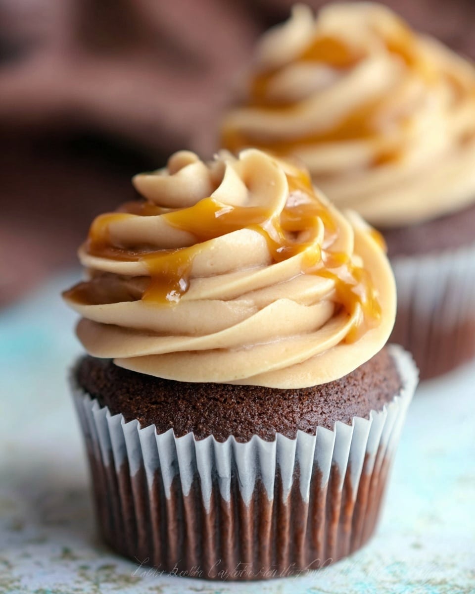 A close-up of a single chocolate cupcake with a rich, dark brown base wrapped in a white ridged paper liner, topped with two thick swirls of light tan frosting that are smooth and creamy with a few small air bubbles. The frosting is drizzled lightly with a golden caramel sauce, adding a shiny texture. The background features a textured white marbled surface with a slightly blurred second cupcake in the background, softly out of focus. Photo taken with an iphone --ar 4:5 --v 7