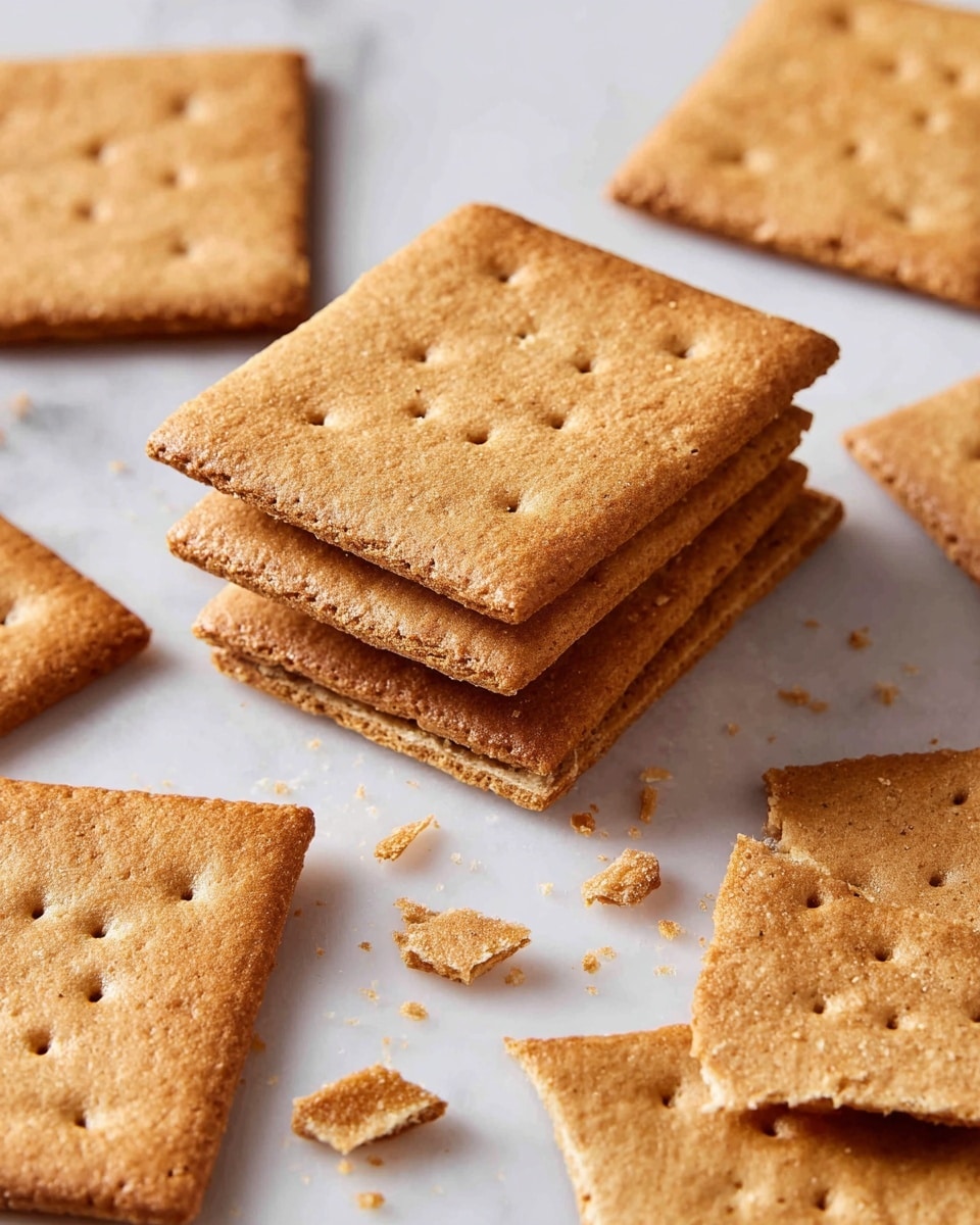A close-up of several square graham crackers on a white marbled surface, with one stack of three crackers in the center layered neatly, showing their light brown color and slightly rough texture with small holes on the surface. Around the main stack, there are scattered single crackers and cracker pieces, all having the same golden brown shade and crisp appearance, with some edges broken and crumbly. The light highlights the slight graininess and baked finish of each cracker. photo taken with an iphone --ar 4:5 --v 7