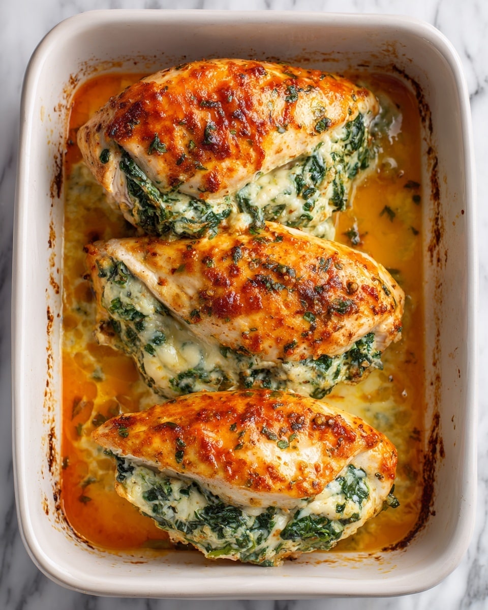 Three pieces of cooked spinach stuffed chicken breasts sit close together inside a white baking dish. Each chicken breast is cut and filled with a thick layer of creamy spinach mixture that is light green with bits of darker green spinach leaves visible. The outside of the chicken is golden with a slightly crispy texture and some browned spots. The baking dish has a shiny layer of orange-brown oil pooled around the chicken. The photo is taken from the side, showing the inside filling clearly. The background around the dish is a white marbled surface. photo taken with an iphone --ar 4:5 --v 7