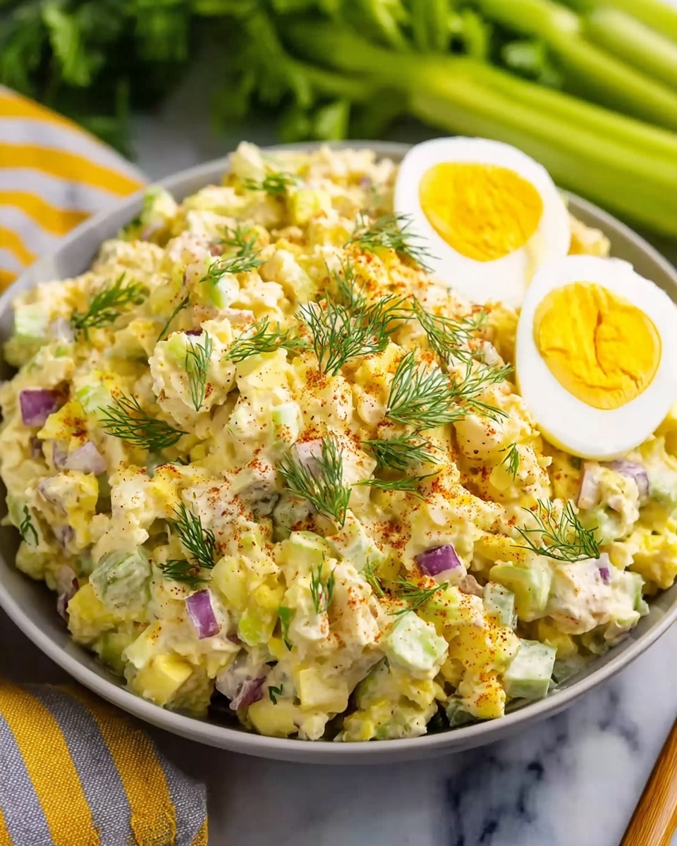 The image shows a bowl filled with a chunky yellow and white salad that has three visible layers: a base of creamy pale yellow dressing mixed with diced hard-boiled eggs, light green celery, and small bits of purple onion, topped with bright green dill sprigs scattered around. On the right side of the bowl, two slices of hard-boiled egg with bright yellow yolks sit on top, slightly sprinkled with paprika. The bowl is white, placed on a white marbled surface, with fresh celery and herbs in the blurred background. A striped yellow and white cloth is partly visible on the left side. photo taken with an iphone --ar 4:5 --v 7