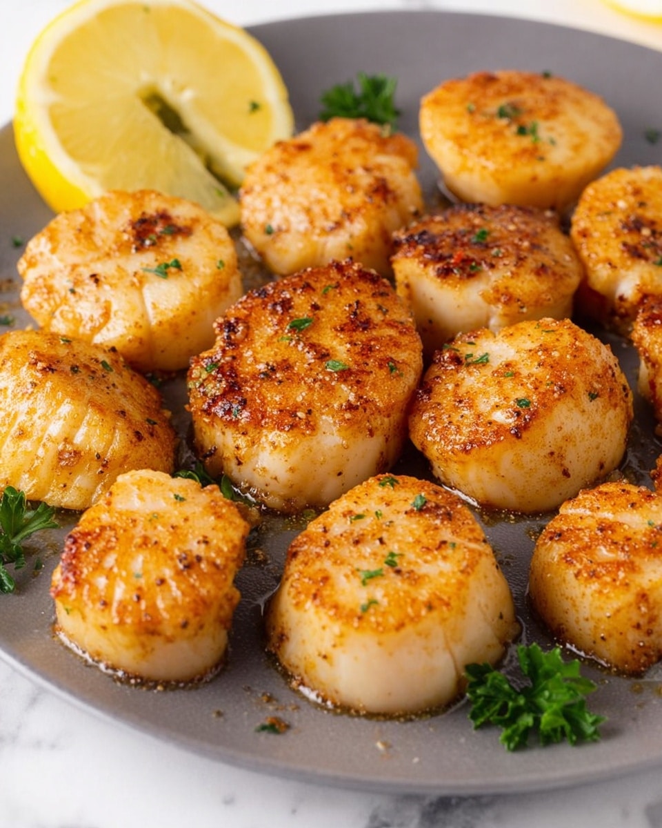 A close-up view of a round white plate holding one layer of golden-brown seared scallops scattered across the surface. The scallops have a slightly crispy texture with visible seasoning specks and a light glaze from cooking oil. At the top left, there is a half slice of bright yellow lemon and small green parsley leaves scattered between the scallops. The plate is placed on a white marbled textured surface. photo taken with an iphone --ar 4:5 --v 7